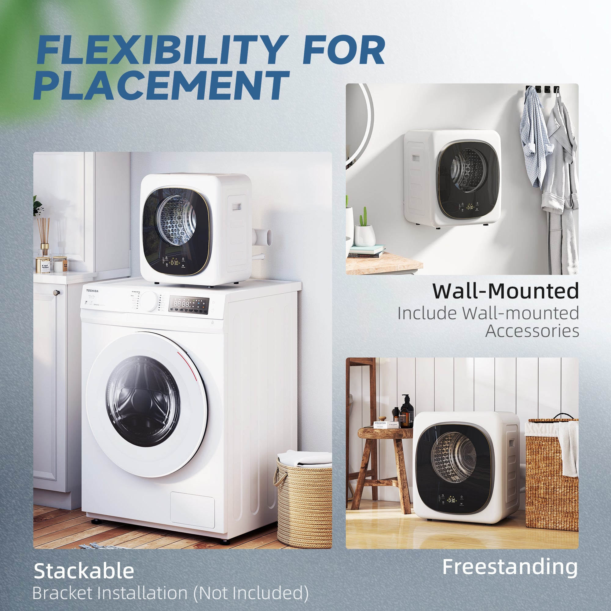 4kg Vented Tumble Dryer, 800W Compact Freestanding Front Tumble Dryer with 5 Drying Mode, Smart Sensor, Timer and Stainless Steel Tub, Wall-Mounted Portable Small Clothes Drying Machine, White