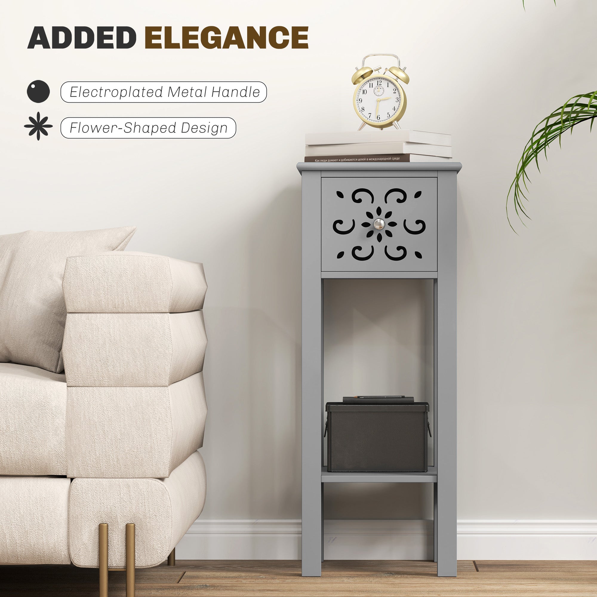 Set of 2 Elegant Floral Cut-Out Side Tables with Drawer and Shelf - Grey