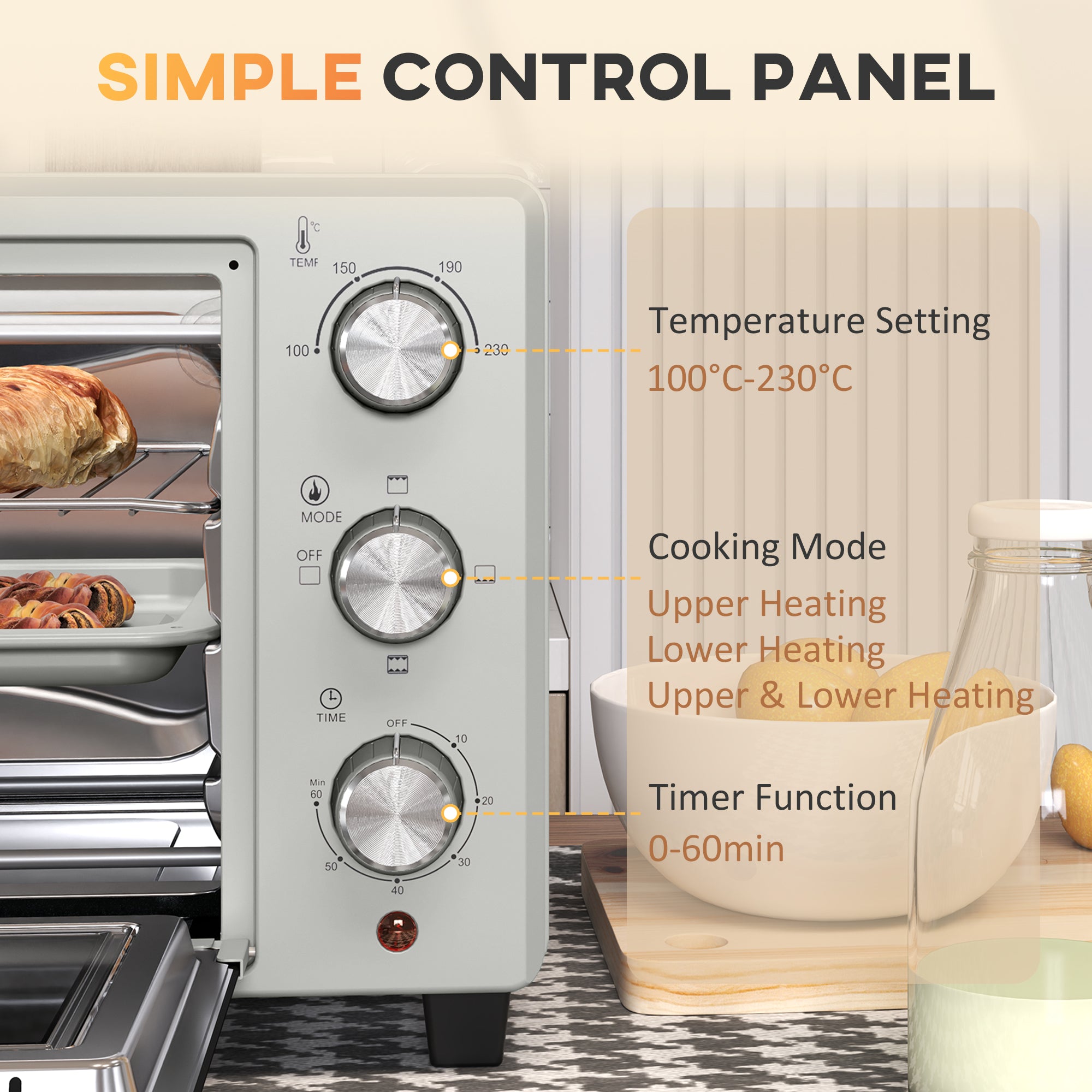 21L Mini Countertop Oven, 100°C-230°C Adjustable Temp - Silver Tone