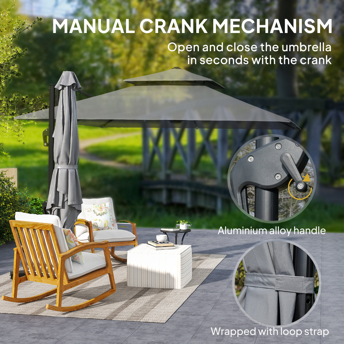 3 x 3m Cantilever Parasol with Aluminium Frame, Crank, Tilt & 360° Rotation, Double Top Garden Umbrella with Base and Cover - Light Grey
