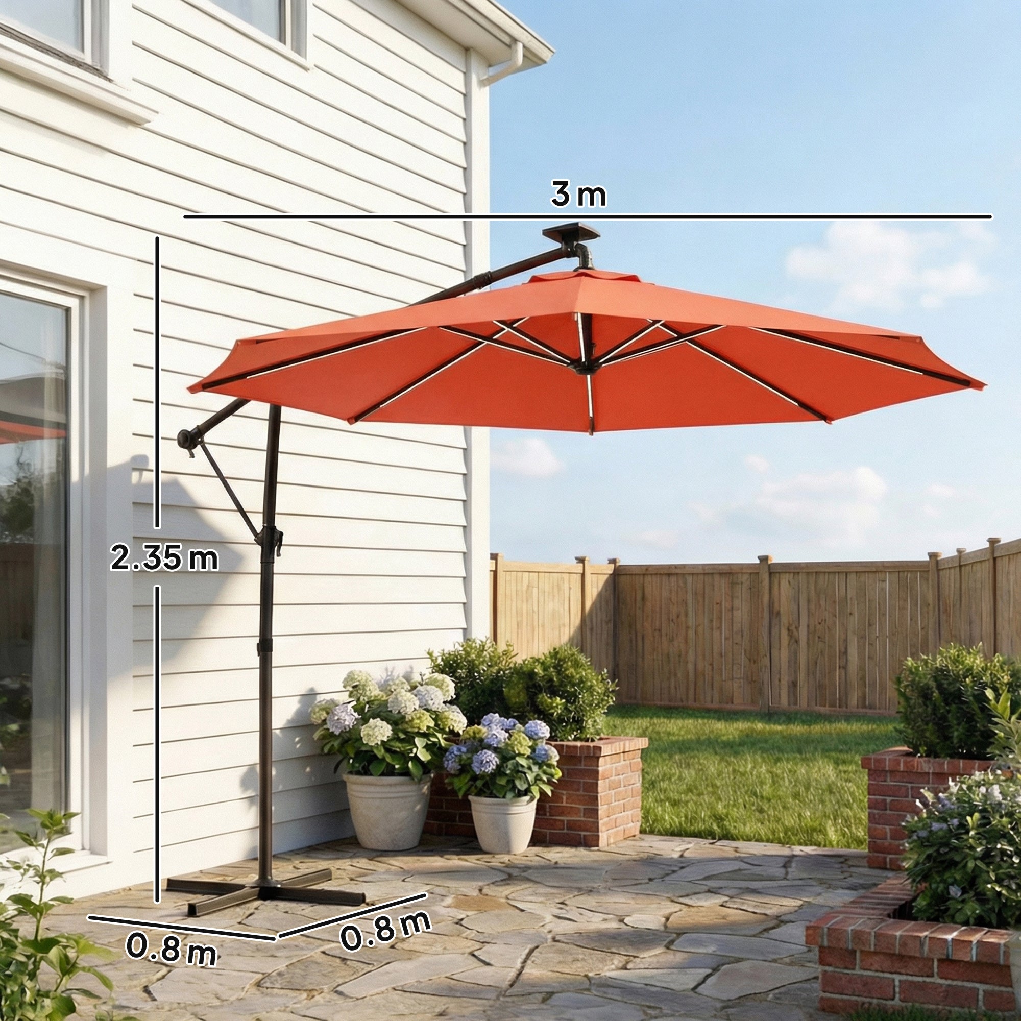 3 m Garden Cantilever Parasol with LED Solar Light, Round Overhanging Umbrella with 360° Rotation, Cover, Orange
