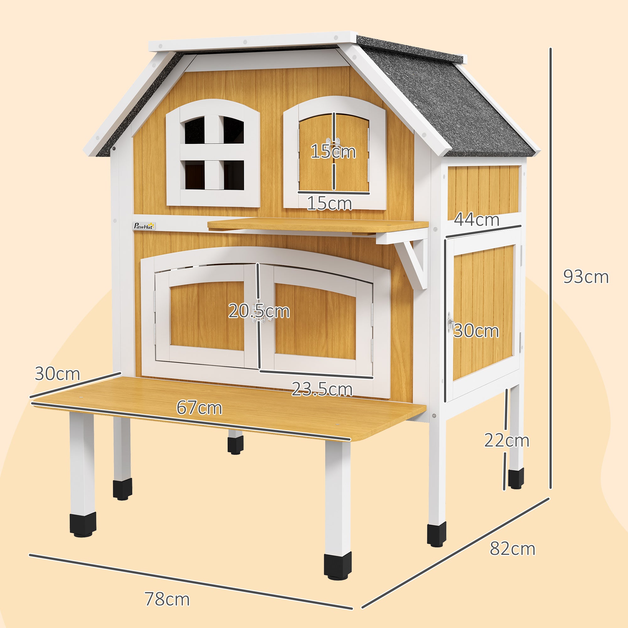 Outdoor Cat Shelter 2 Tiers Wooden Feral Cat House with Openable Asphalt Roof, Escape Doors, Terrace, for 1-2 Cats