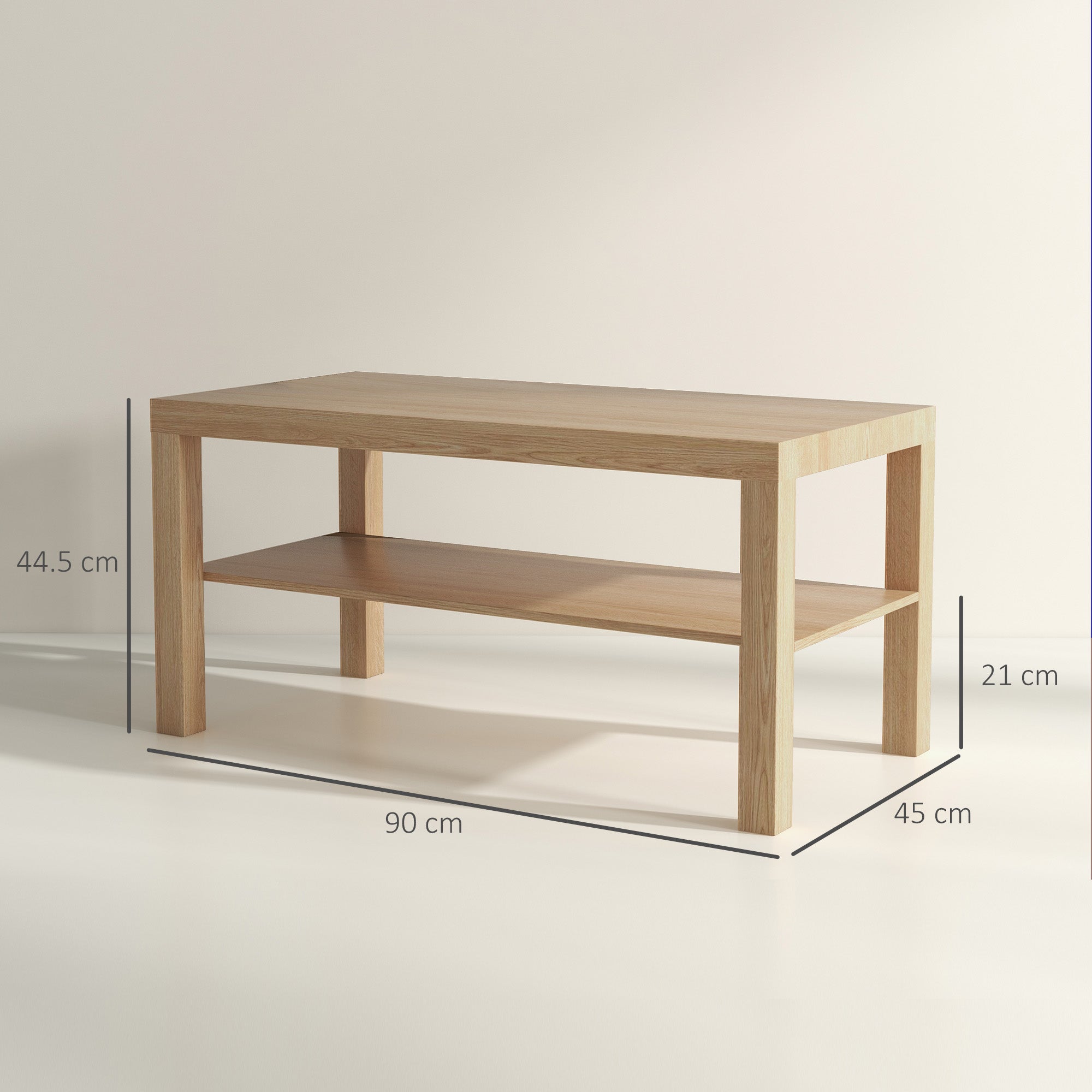 2-Tier Coffee Table with Storage Shelf, Rectangular Centre Table for Living Room, Home Office, Natural Wood Finish