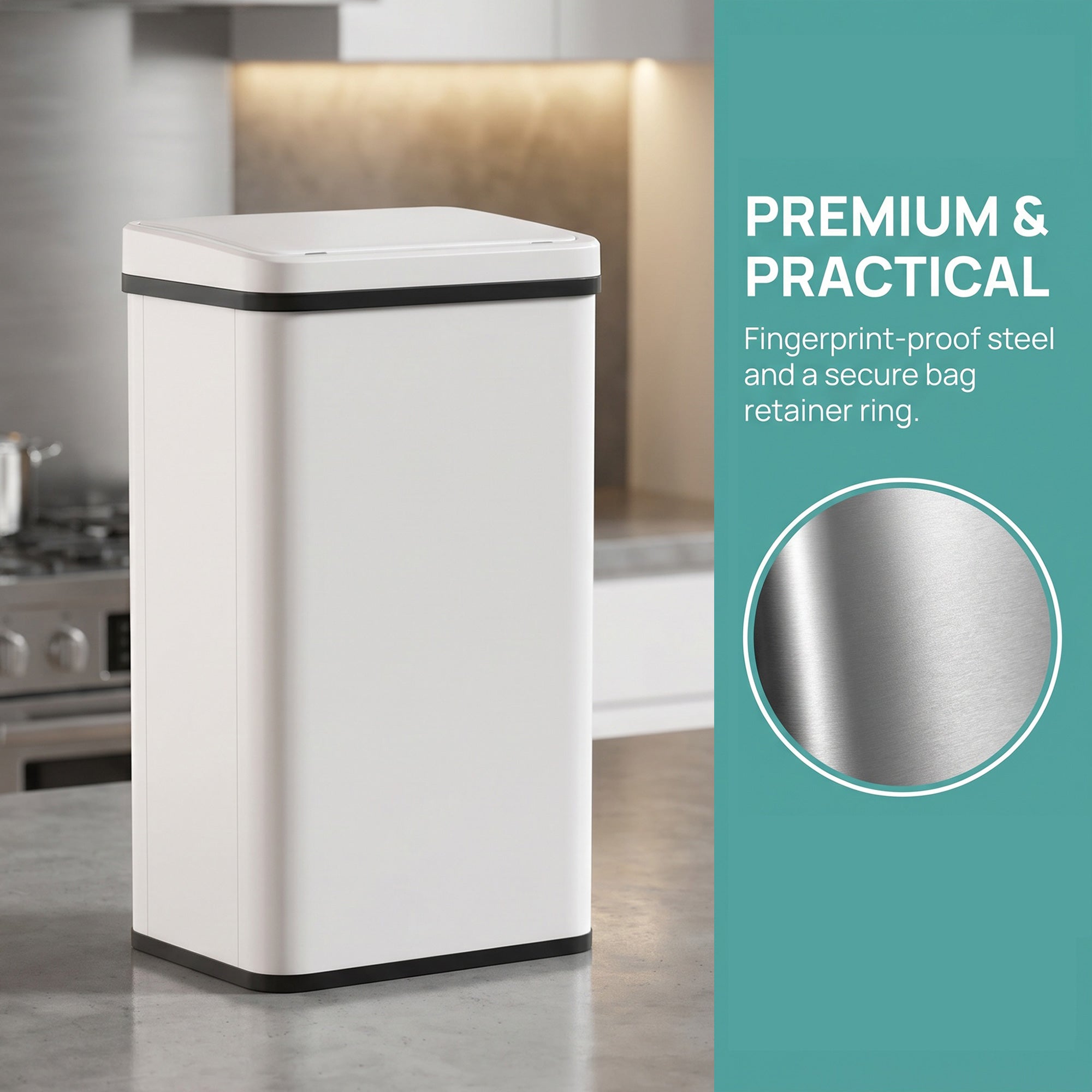 50L Sensor Bin with Soft-Close Lid, Stainless Steel Automatic Touchless Motion Sensor Kitchen Bin, White