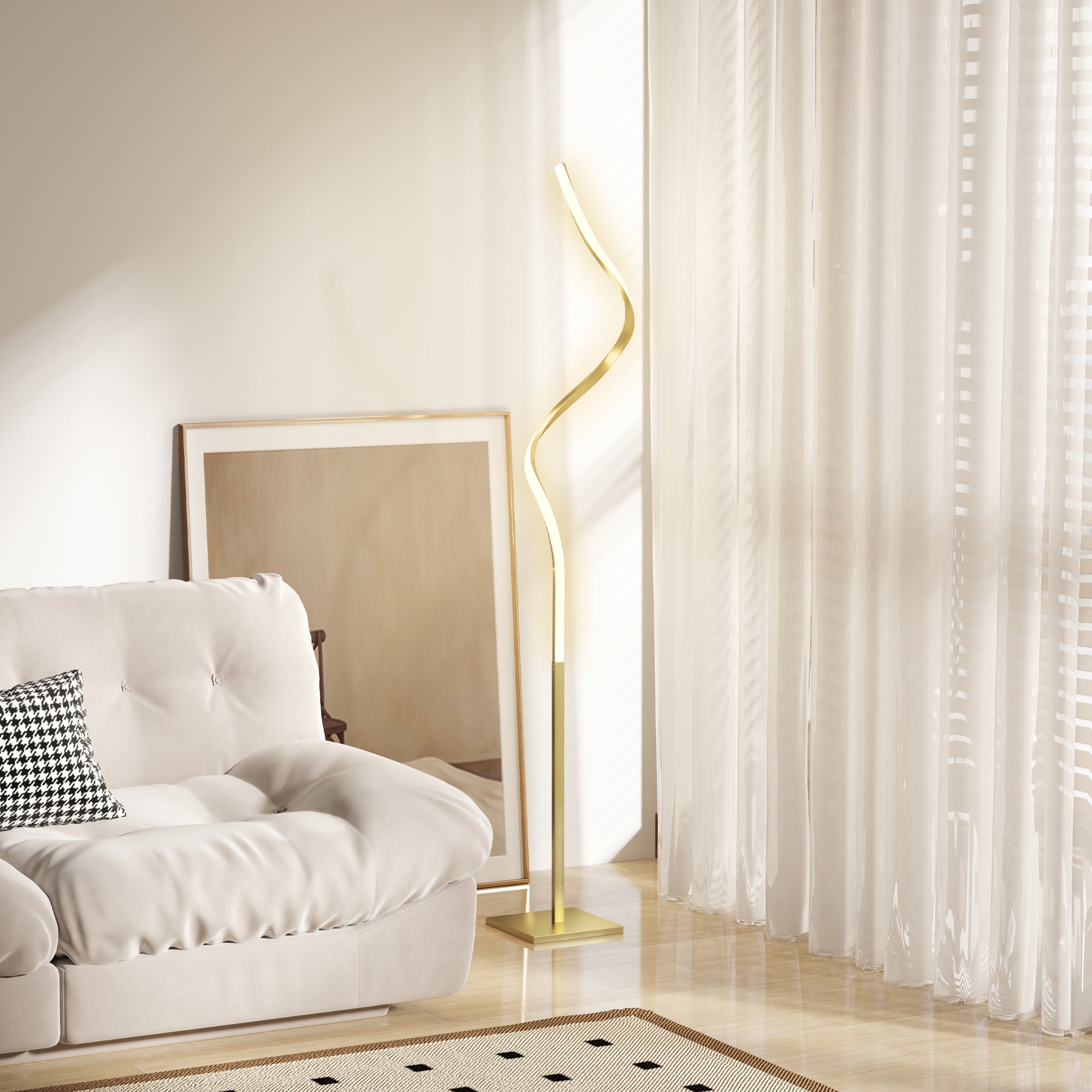Modern LED Floor Lamp with 3 Brightness Levels and Foot Switch - Gold Tone