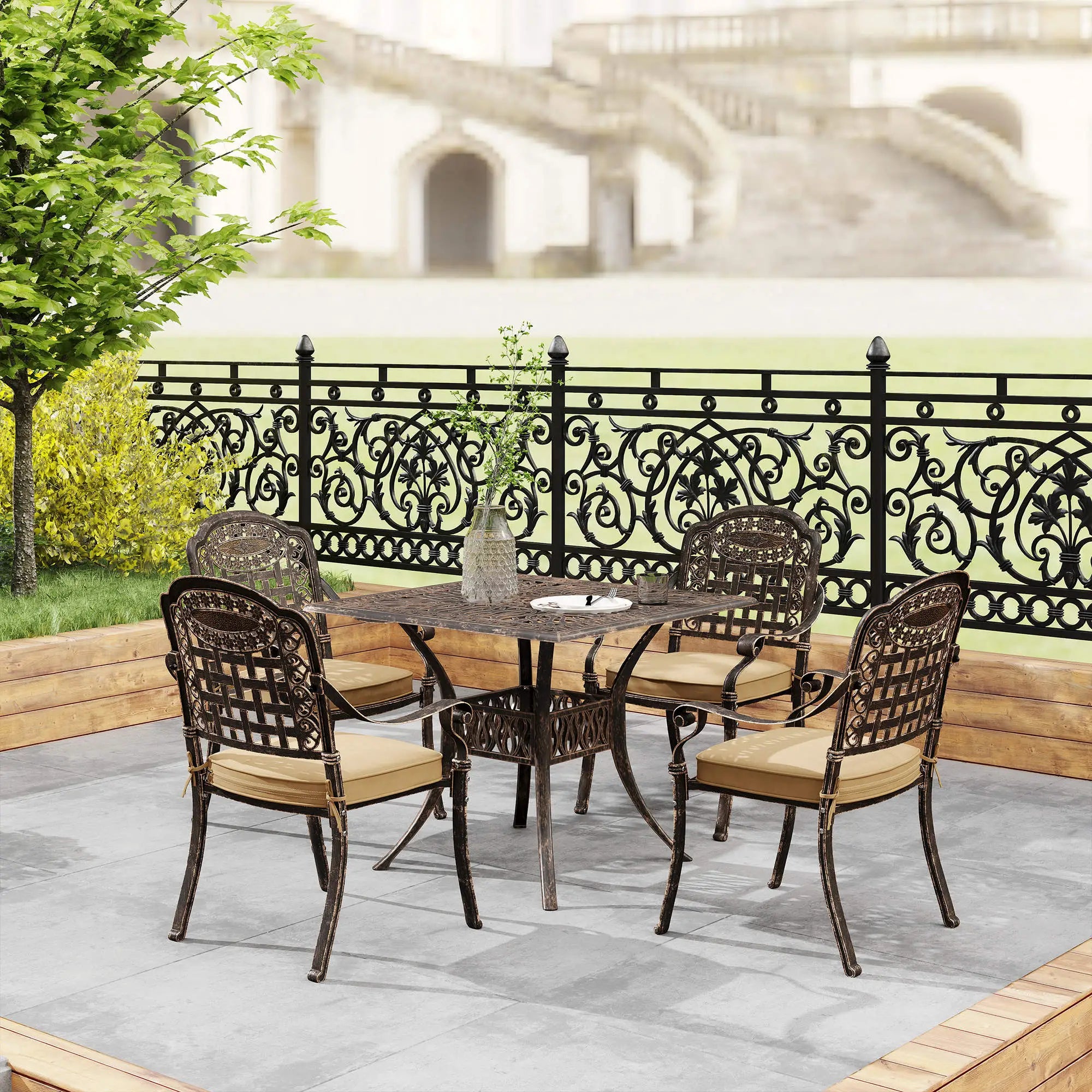 5 Piece Cast Aluminium Garden Dining Set with Cushions - Bronze Tone