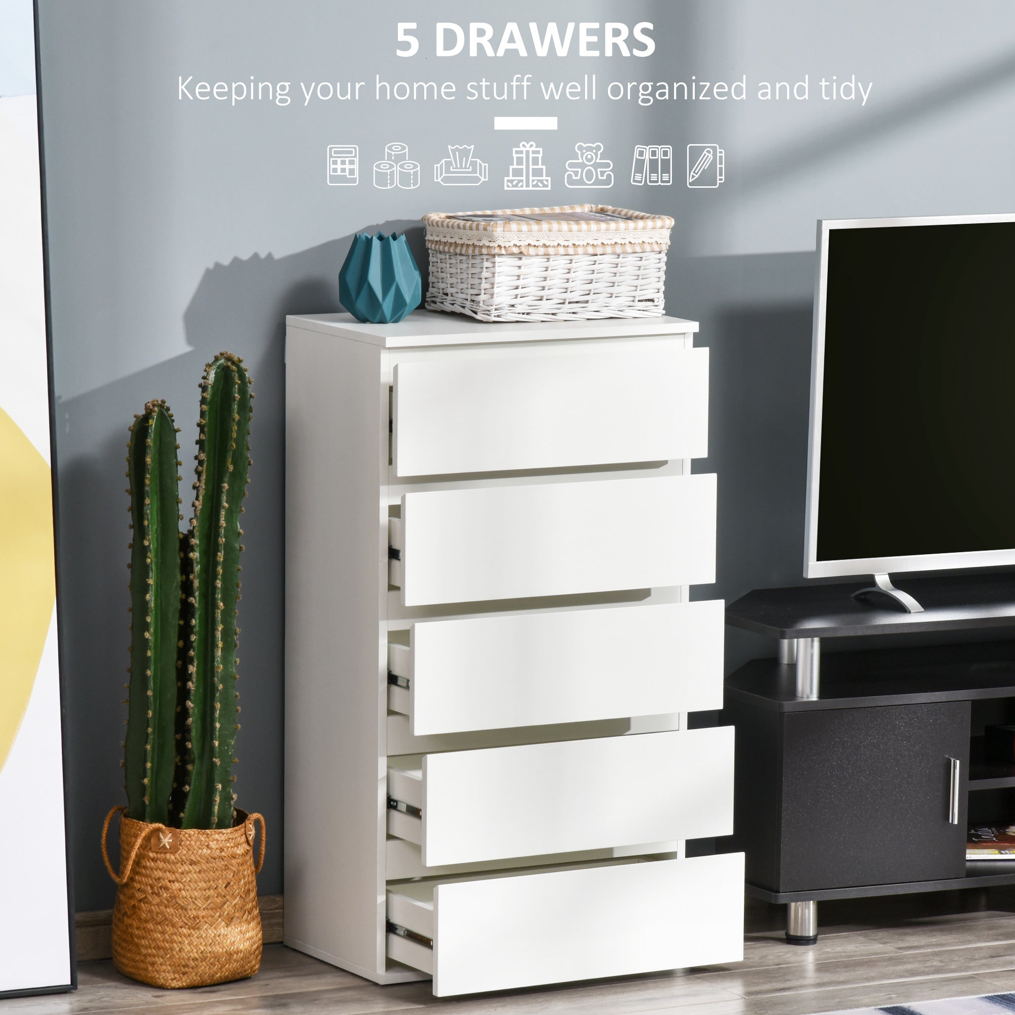 Chest of Drawers, 5 Drawers Storage Cabinet Floor Tower Cupboard for Bedroom Living Room, White