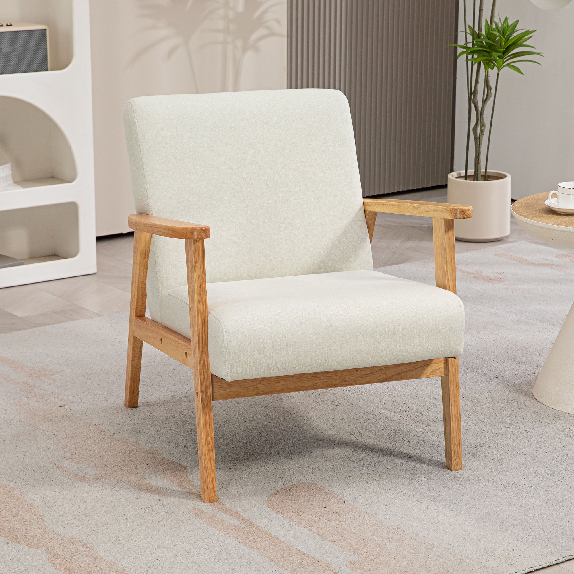 Fabric Accent Chair for Living Room, Arm Chair with Rubber Wood Frame and Padded Cushion, Cream White