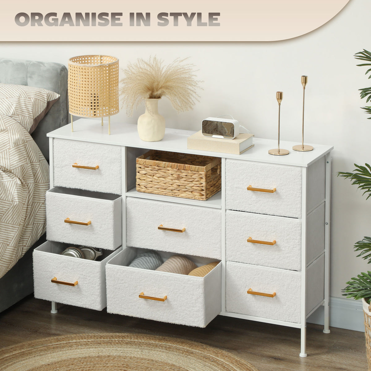 Boucle Chest of Drawers 8 Fabric Drawers with Charging Station 2 USB 2 AC Ports - Cream White
