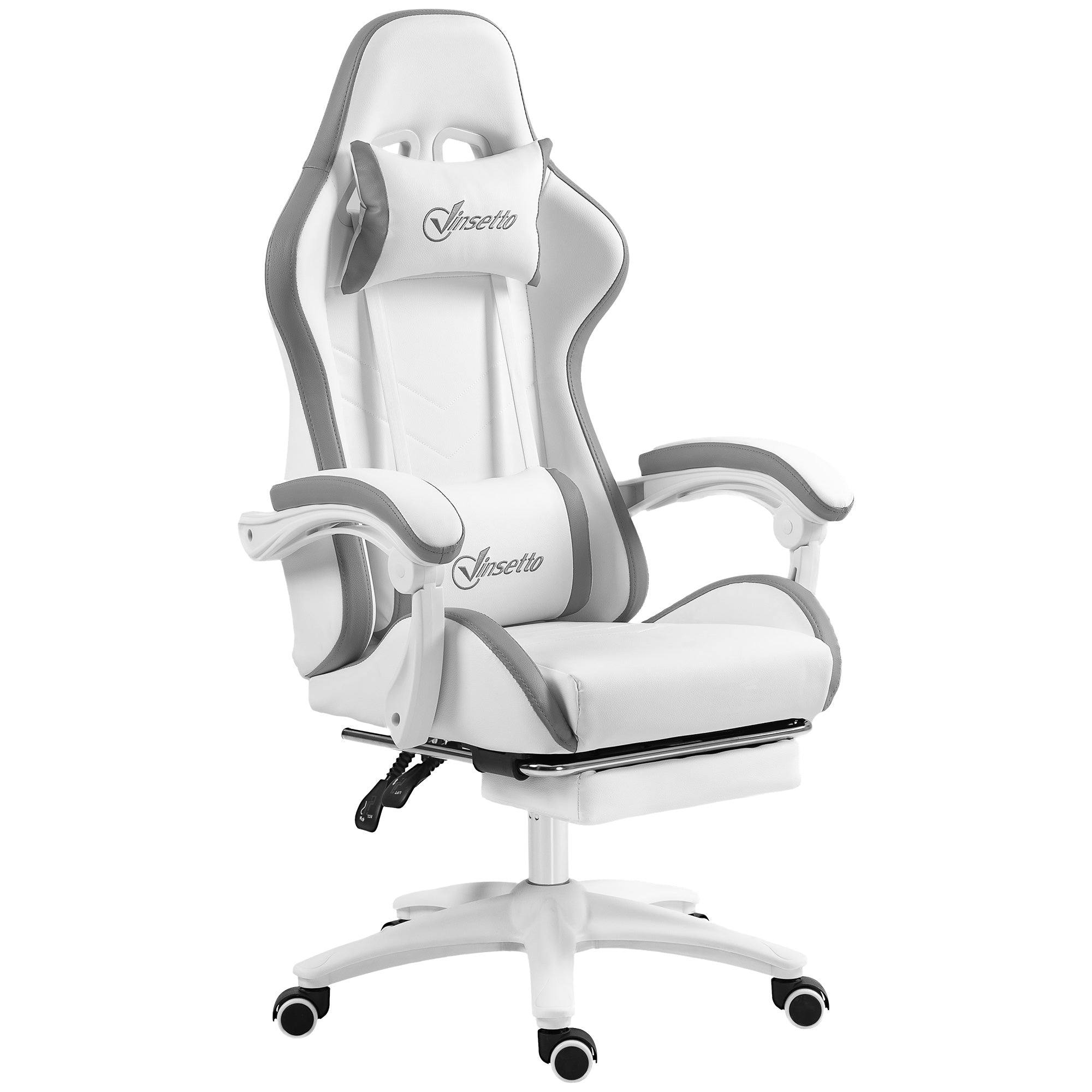 Computer Gaming Chair, PU Leather Desk Chair with Footrest, Swivel Task Chair with 135° Reclining Back and Lumbar Support, PC Chair for Adults, White and Grey