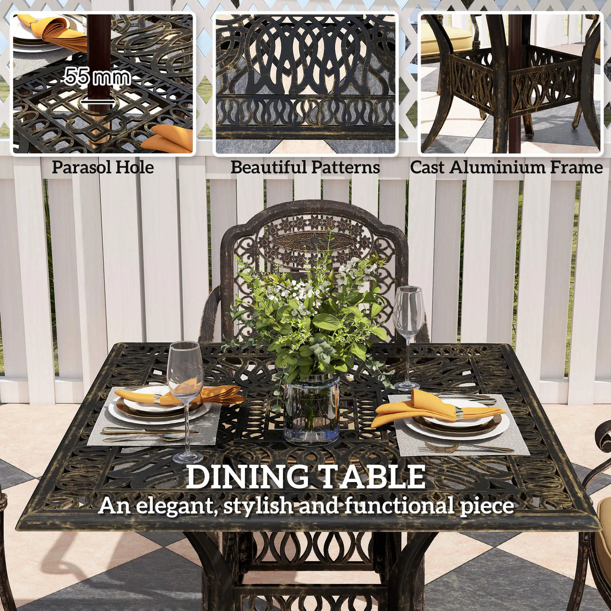 5 Piece Cast Aluminium Garden Dining Set with Cushions - Bronze Tone