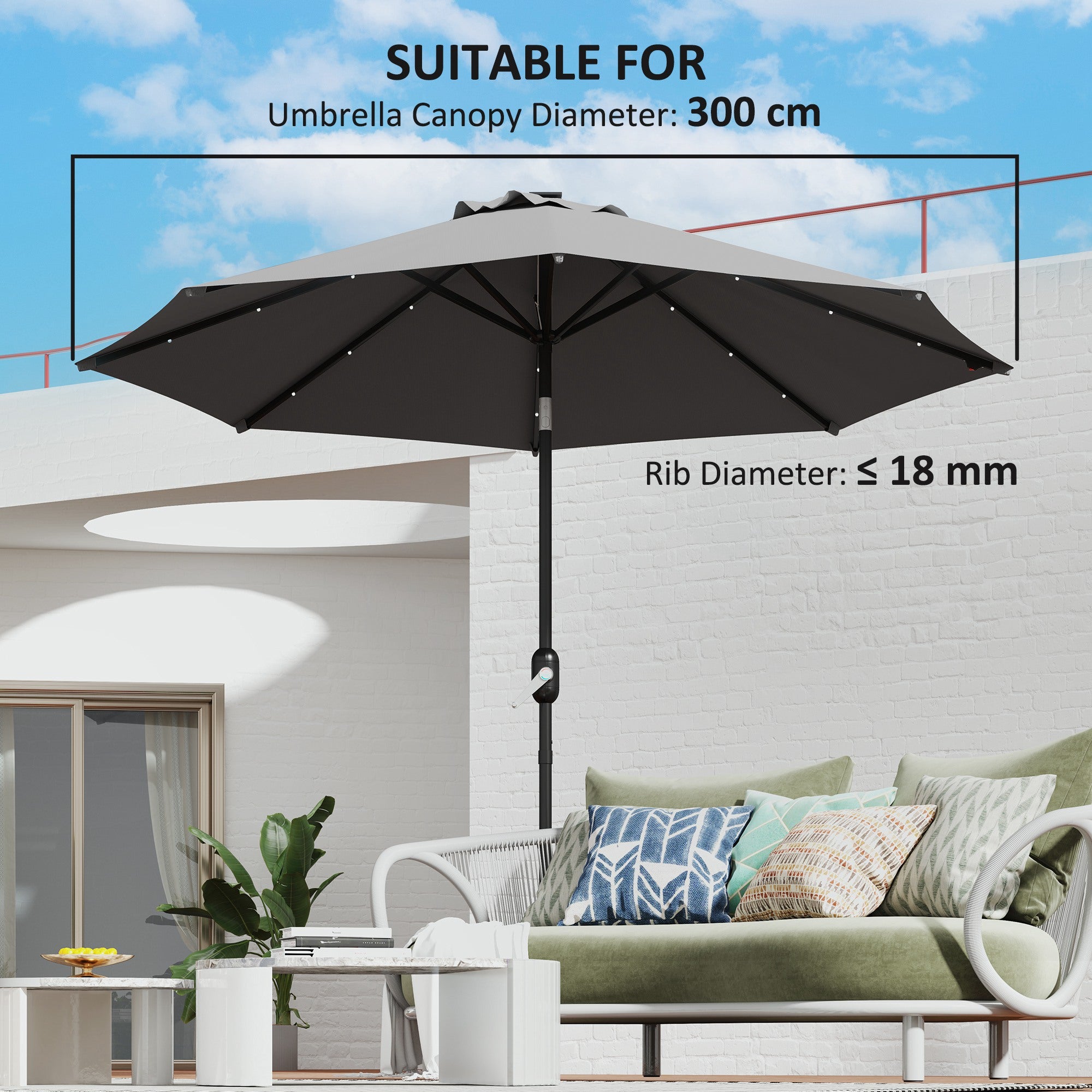 3m UPF 50+ Replacement Parasol Canopy with Vent, Fits 8 Rib Frames up to 300cm - Grey