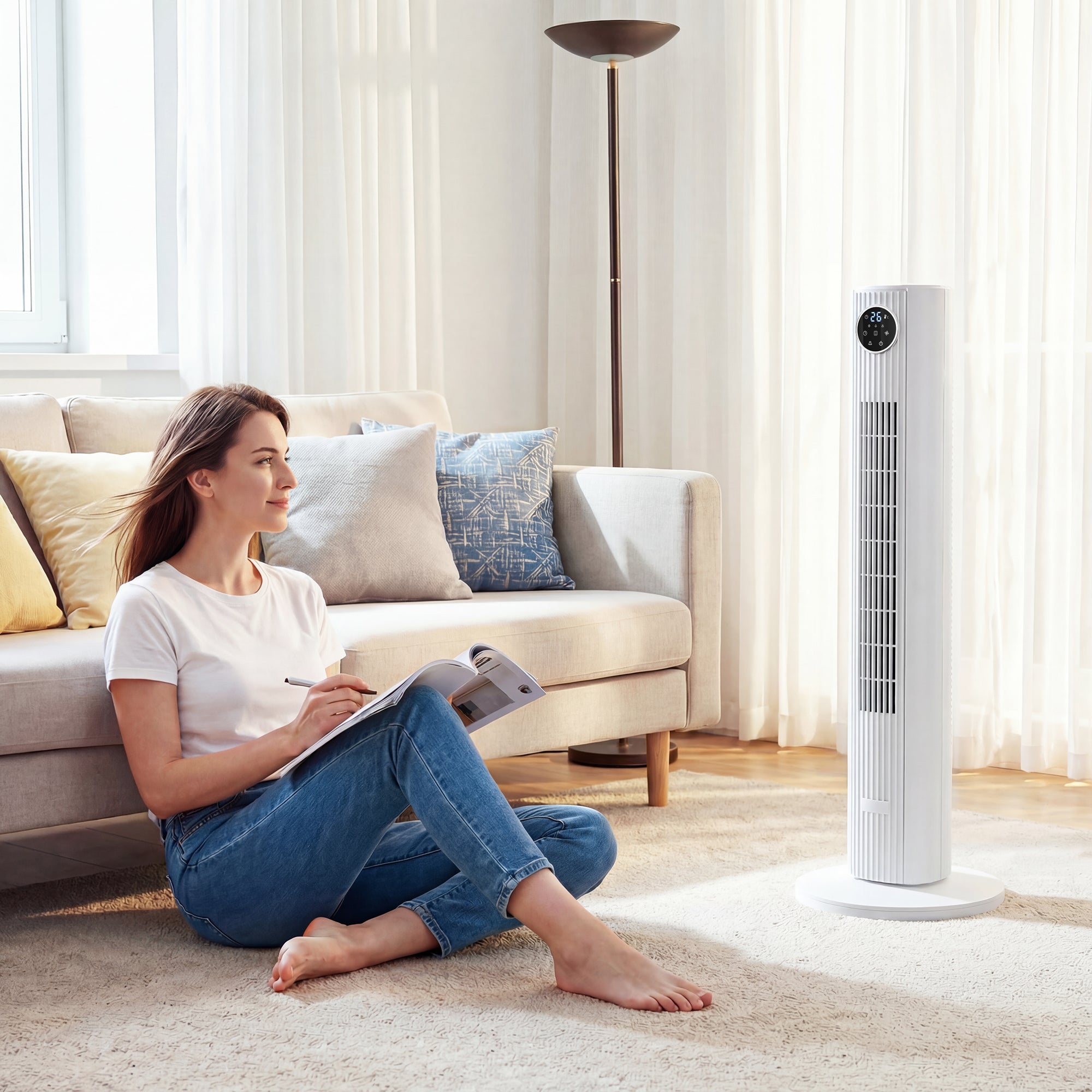 28dB Tower Fan for Bedroom, 36 inch, 8 m/s Velocity Standing Cooling Fan with 80° Oscillating, BLDC Motor, 12 Speeds, LED Display, 4 Modes, 12H Timer, Remote Control, White