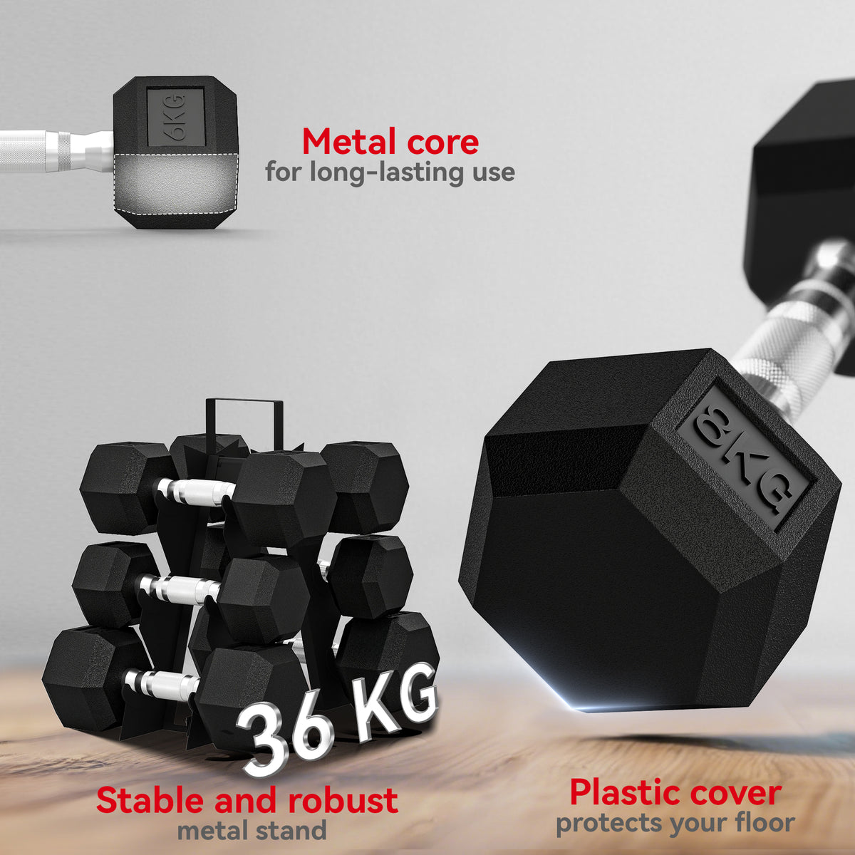 Hex Dumbbell Set with Weights Storage Rack, Rubber Coated Dumbbells, Non-Slip Chrome Handles, Space-Saving for Home Gym Weight Lifting Strength Training, 2 x 4kg, 2 x 6kg, 2 x 8kg
