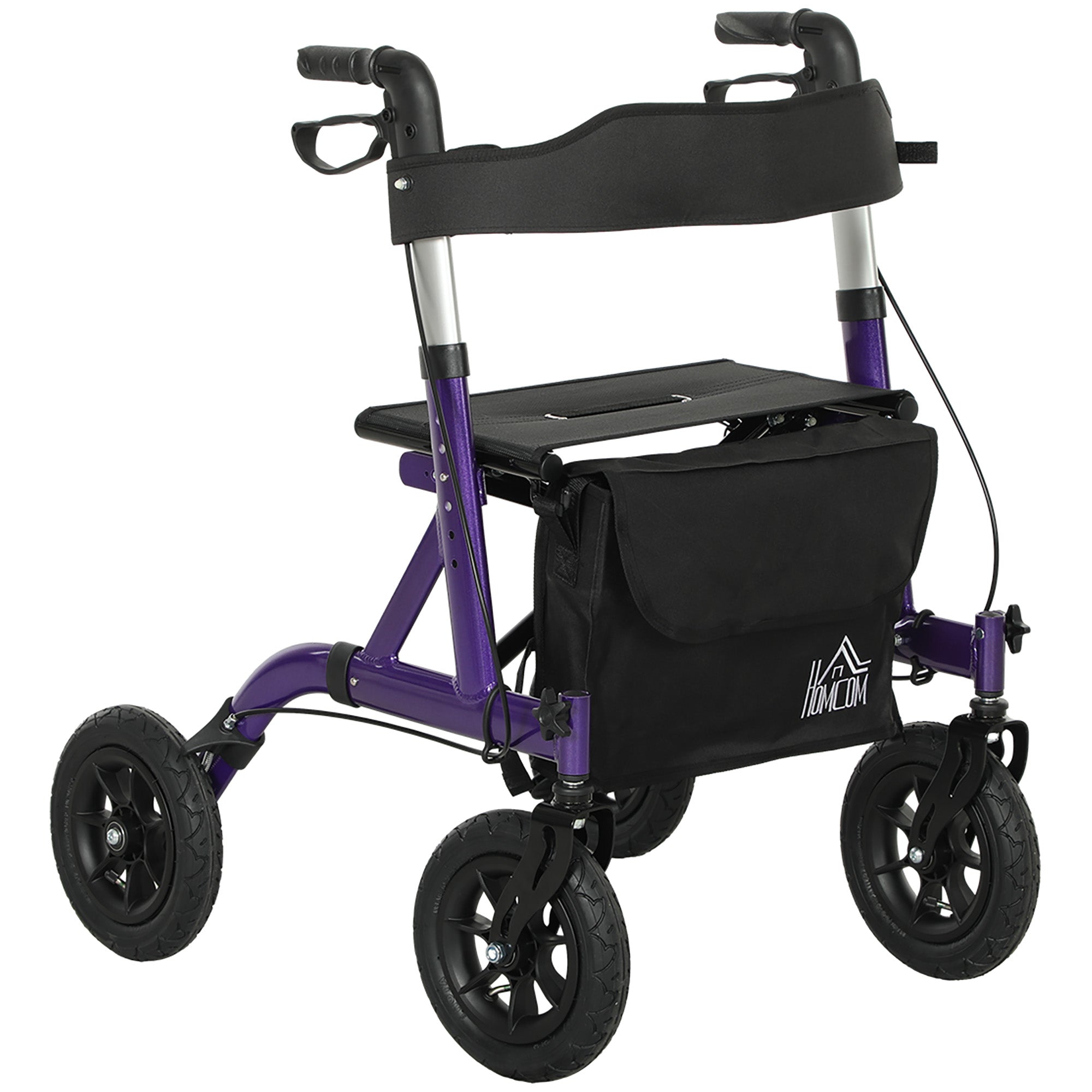 Folding Rollator Walker with Seat, Backrest, Lightweight Walking Frame with Storage Bag, Dual Brakes, All-terrain Wheels, Adjustable Handle Height, 4 Wheeled Walker for Seniors, Purple