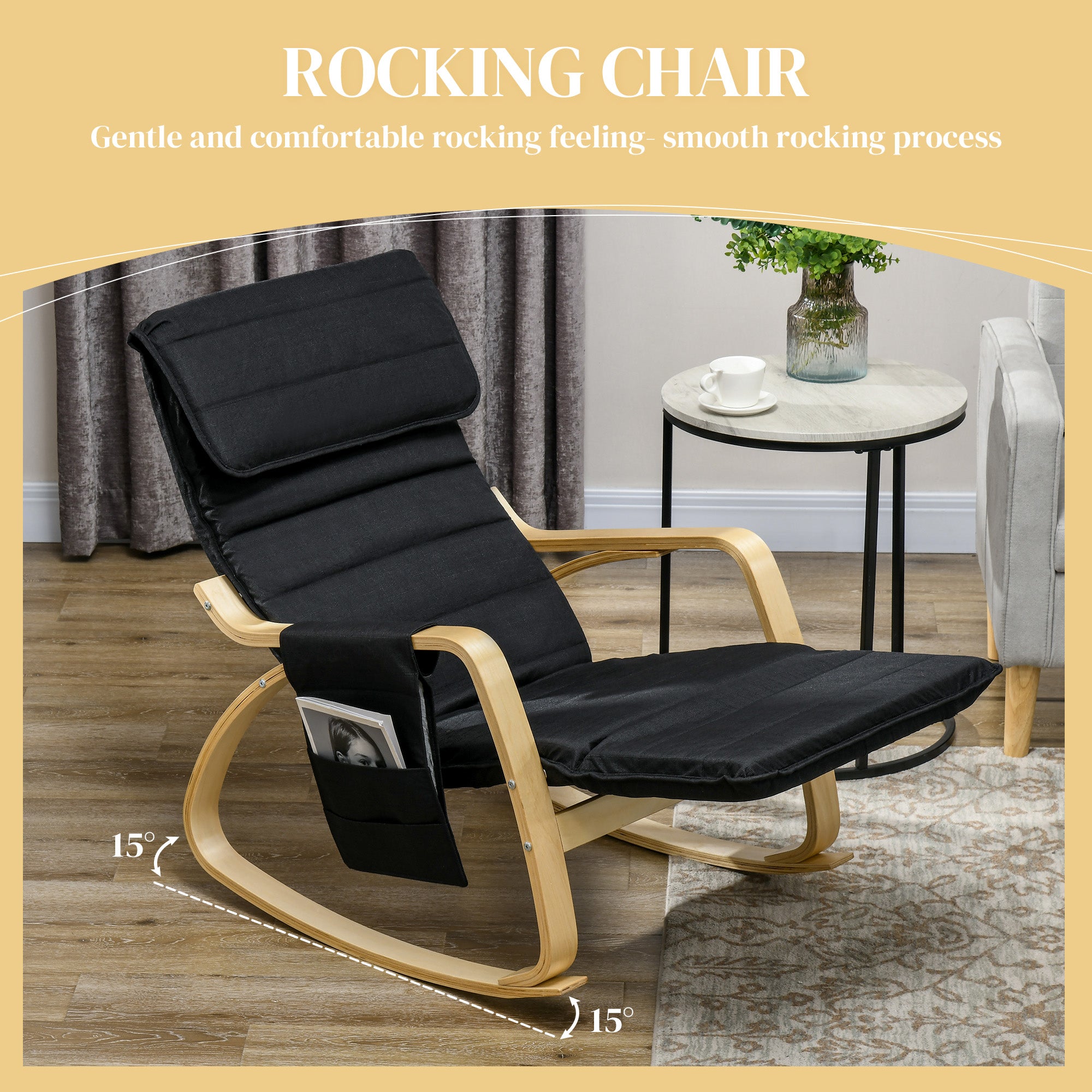 Rocking Lounge Chair Recliner Relaxation Lounging Relaxing Seat with Adjustable Footrest, Side Pocket and Pillow, Black