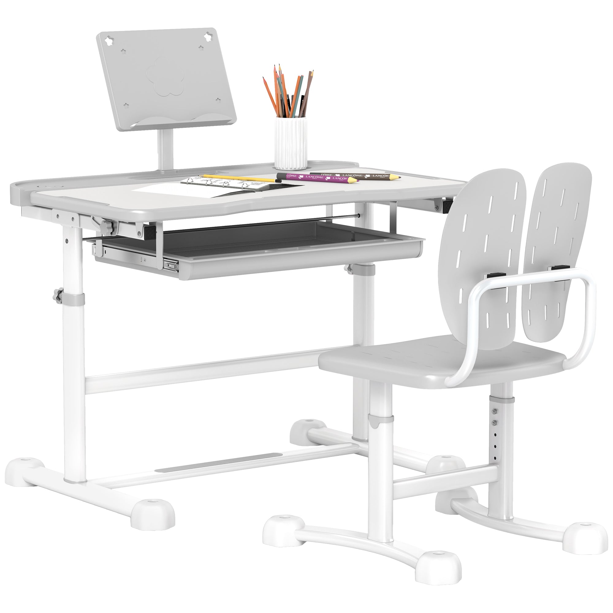 Height Adjustable Kids Desk and Chair Set, School Study Writing, Reading Table Chair Set w/ Tilted Desktop, Grey