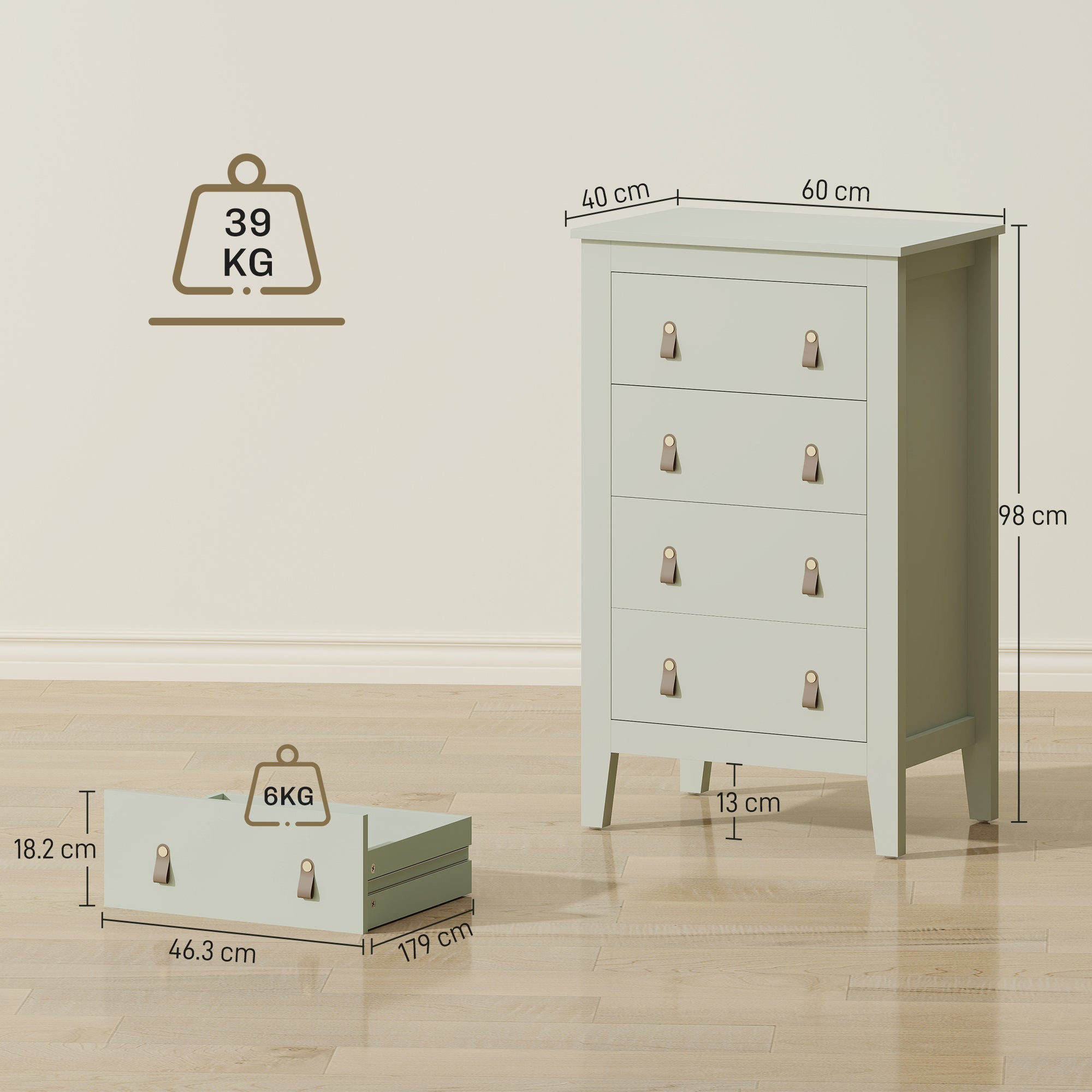 Bedroom Chest of Drawers, Modern 4 Drawer Dresser Cabinet with PU Leather Handles and Metal Runners for Living Room, Hallway, Entryway, 60 x 40 x 98 cm, Green