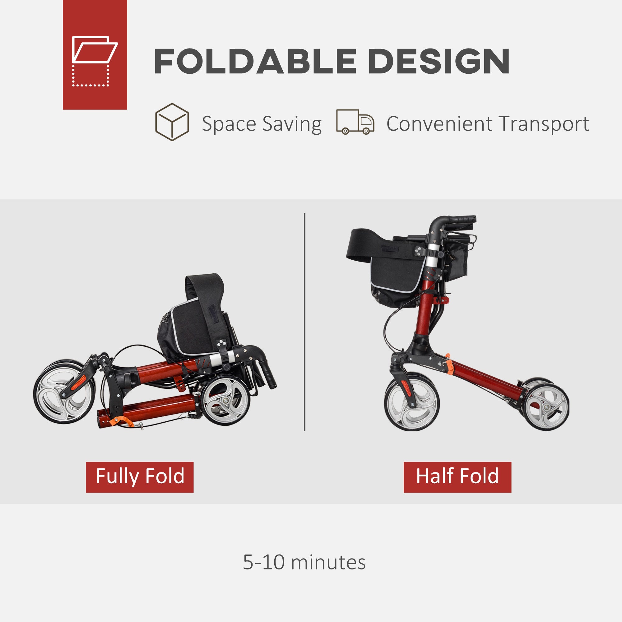 Folding Rollator Walker with Seat and Backrest, Lightweight Walking Frame with Storage Bag, Dual Brakes, Adjustable Handle Height, Cane Holder, 4 Wheeled Walker for Seniors, Red