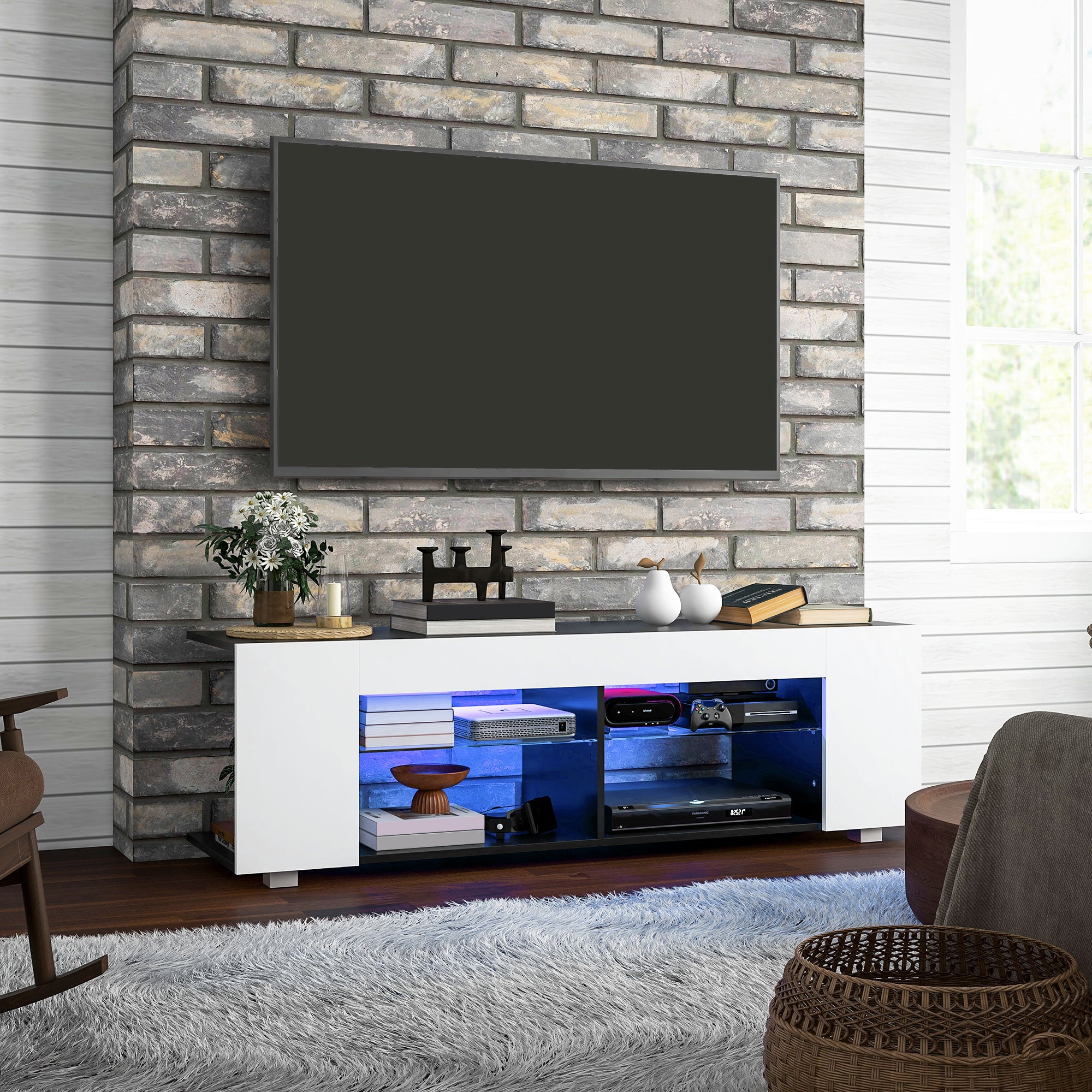 Multi-Shelf TV Cabinet, with Adjustable LED Lights - White