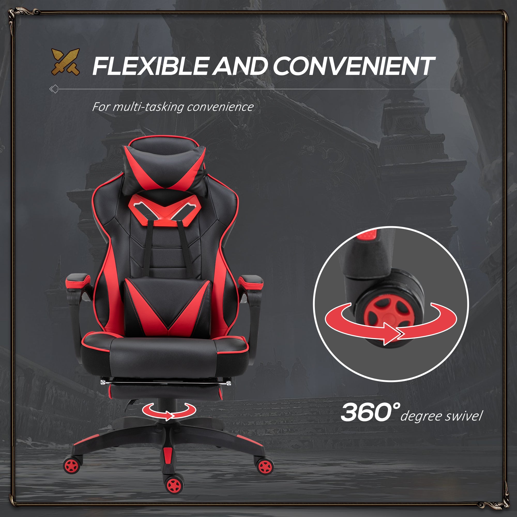 Computer Gaming Chair, Racing Desk Chair with Lumbar Support and Footrest, PU Leather Gamer Chair with Headrest and Swivel Wheels for Home, Red