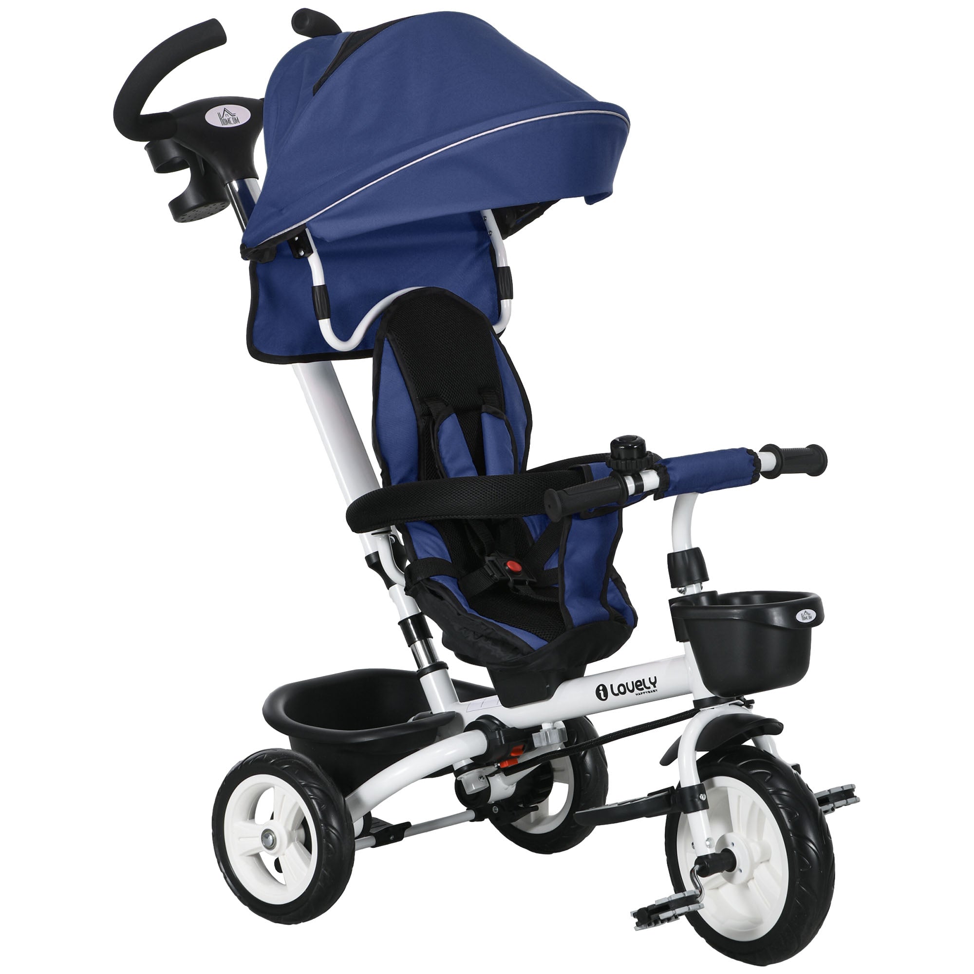 Metal Frame 6 in 1 Baby Push Tricycle with Parent Handle for 1-5 Years Old, Dark Blue