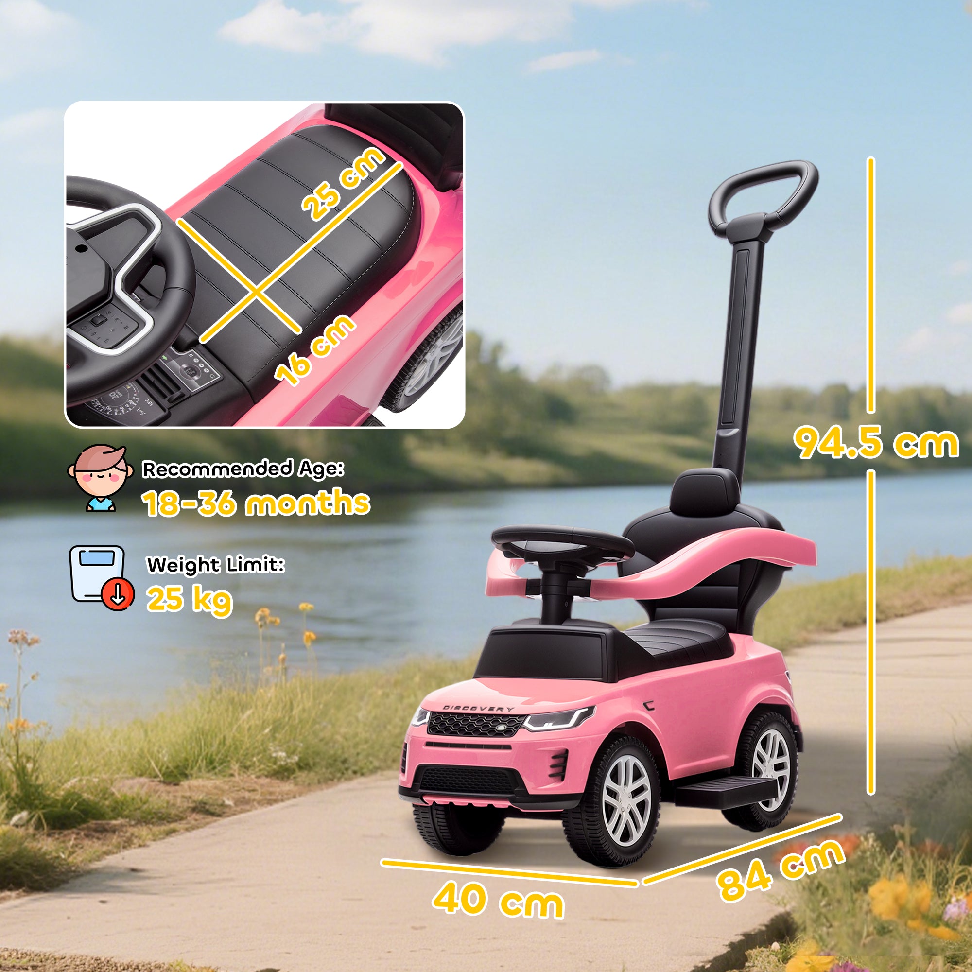 Land Rover Discovery Licensed Baby Push Car, 2-in-1 Ride on Car with Push Handle and Safety Guardrail, Pink
