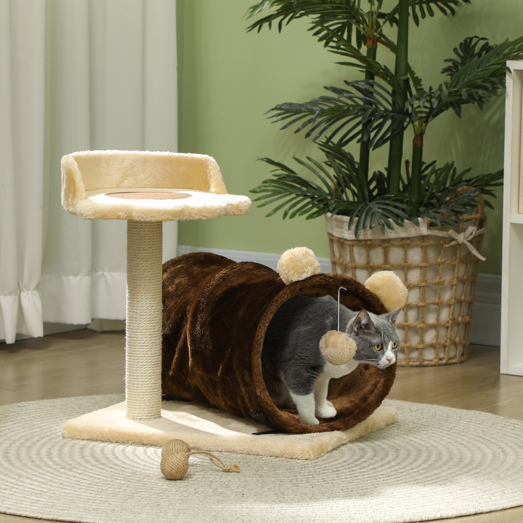 47cm Small Cat Tree w/ Scratching Post, Bed, Cat Tunnel, Toy Ball, Dark Brown