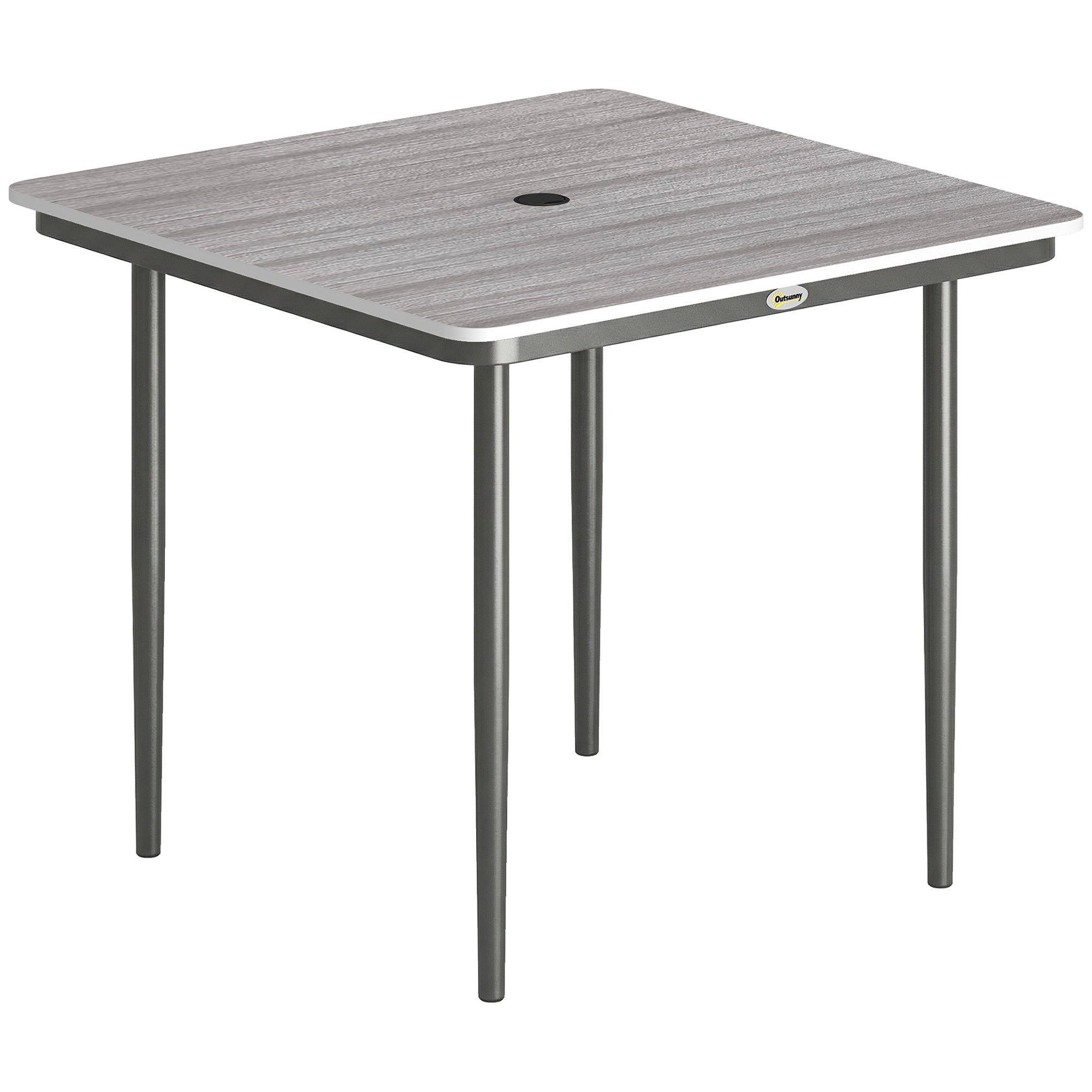 Garden Dining Table for 4, 85 cm Square Outdoor Table with Umbrella Hole, Faux Wood Top, Metal Legs, Light Grey
