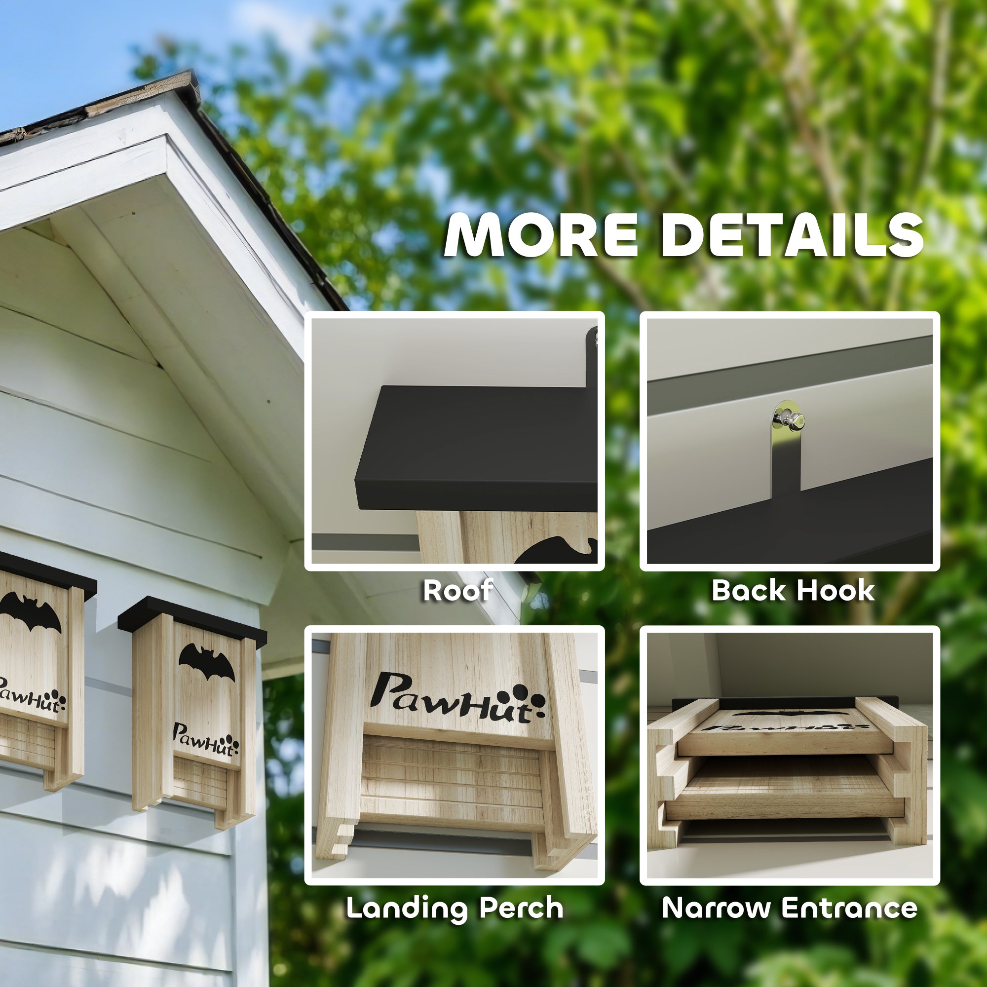 3PC Wooden Bat Boxes with Hooks for Outdoor Garden & Farm 18x6x22.5 cm - Natural Wood