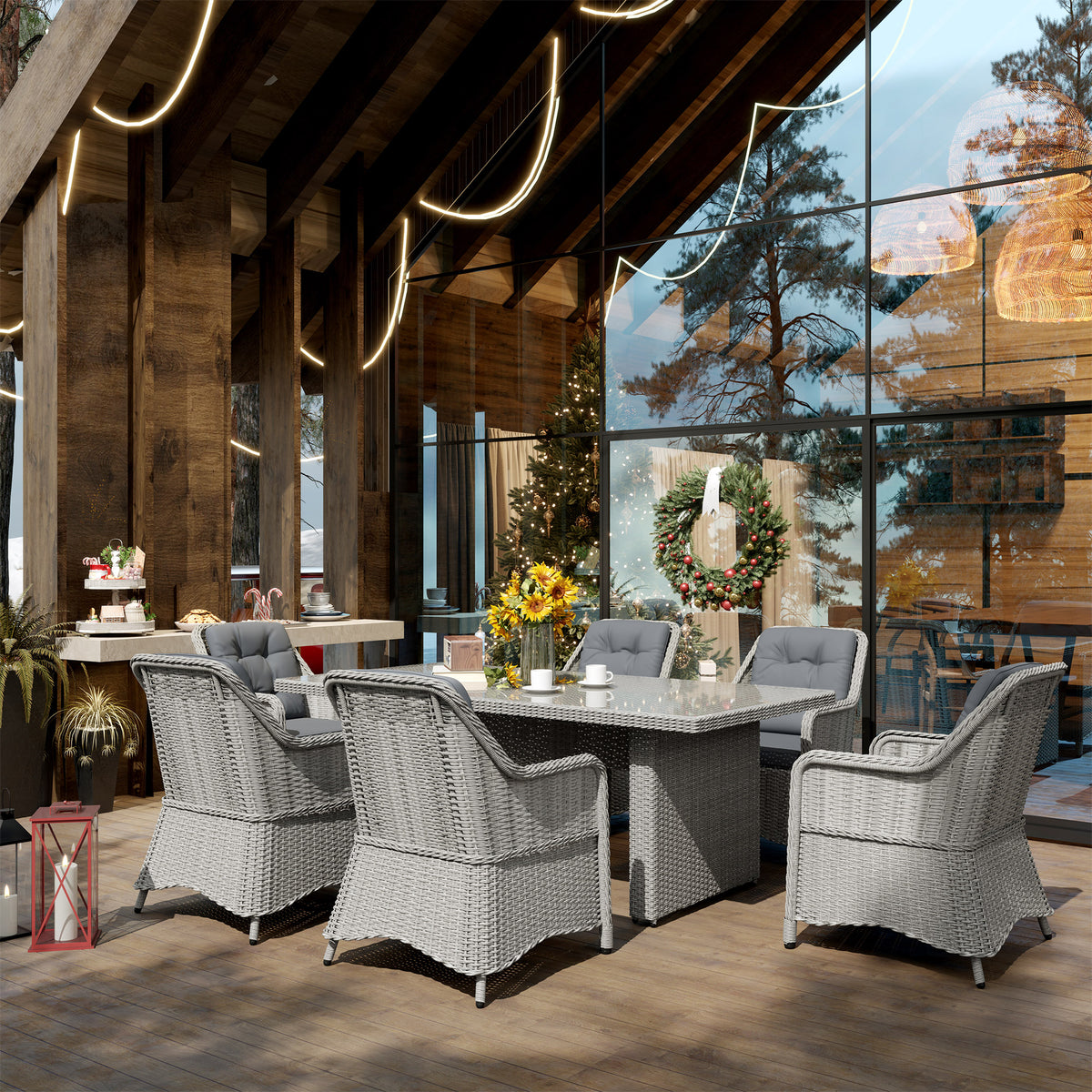 6 Seater PE Rattan Dining Set with Cushions and Glass Table - Grey