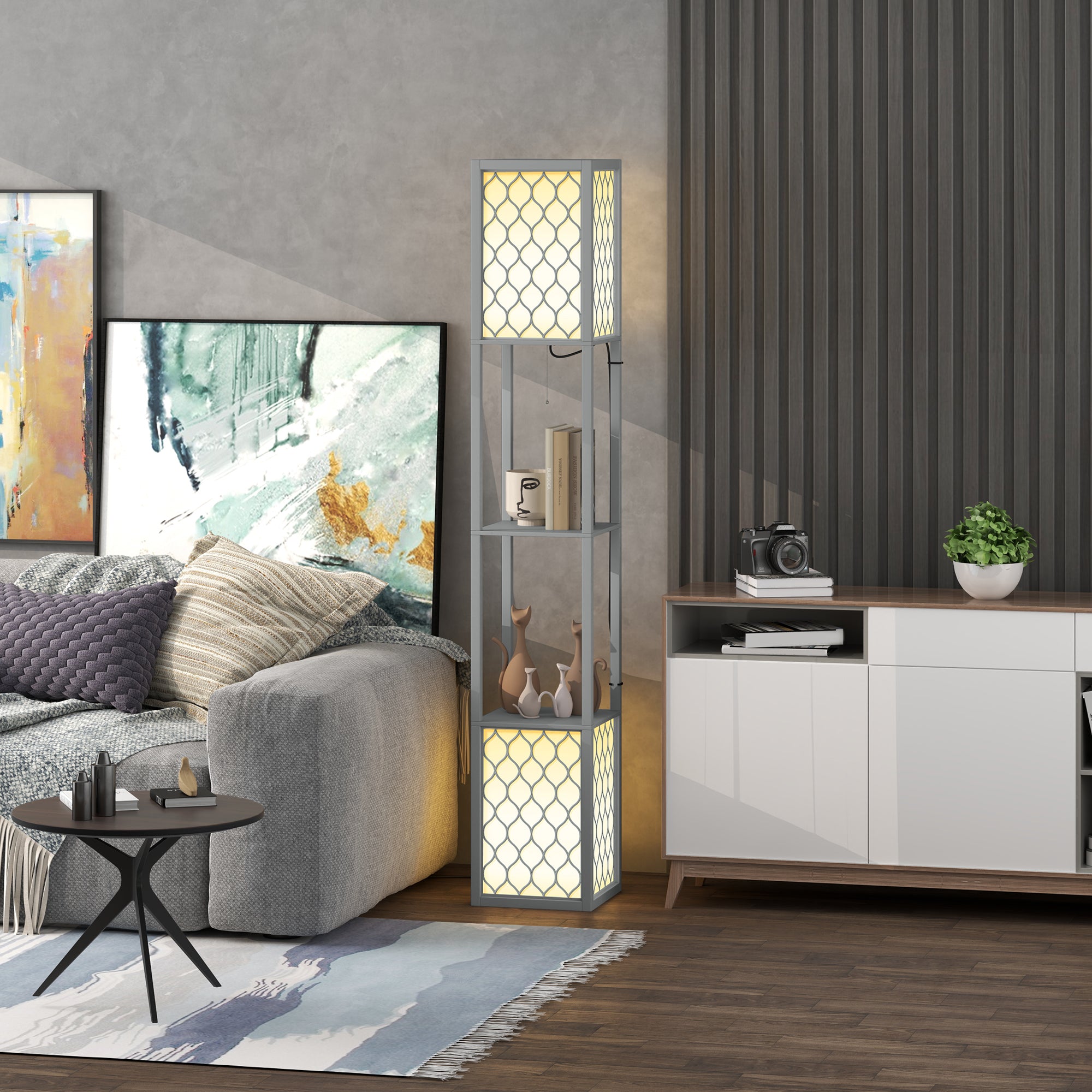 Floor Lamp with Shelves, Dual Light, Modern Tall Standing Lamps, with Pull Chain Switch (Bulb not Included), Light Grey