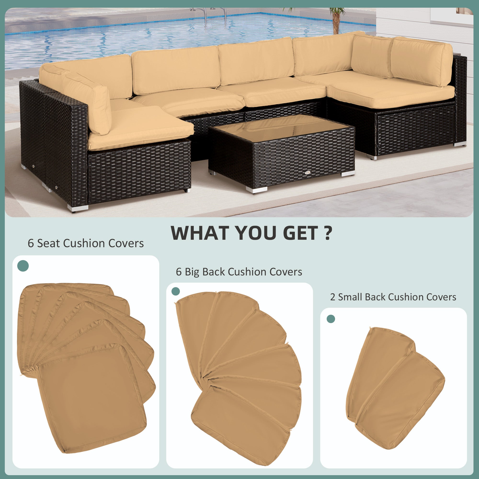 14 Piece Outdoor Cushion Set with Durable Polyester Covers - Beige