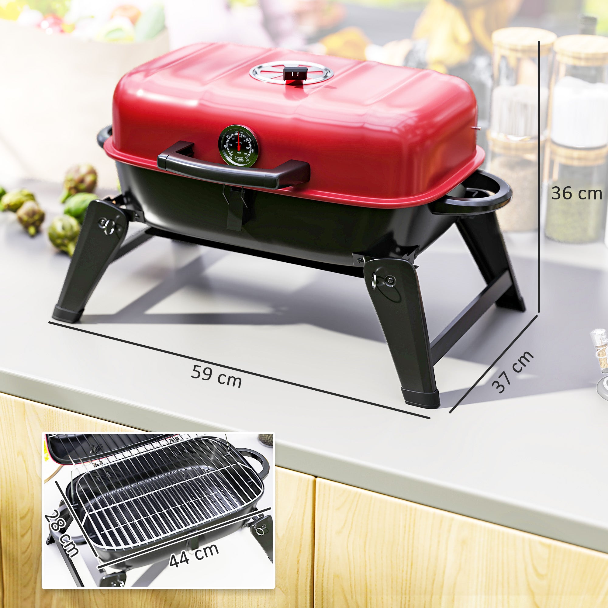 Charcoal Barbecue Grill Folding Portable BBQ Grill for Camping with 1232 cm² Cooking Area, Adjustable Vent, Thermometer, Handles for Picnic, 59 x 37 x 36 cm, Red