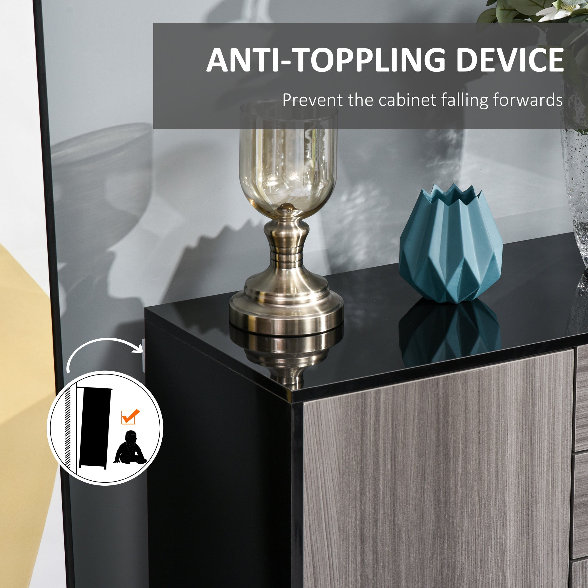 High Gloss Frame Sideboard, Side Cabinet, Push-Open Design with 2 Drawer for Living Room, Bedroom, Light Grey and Black