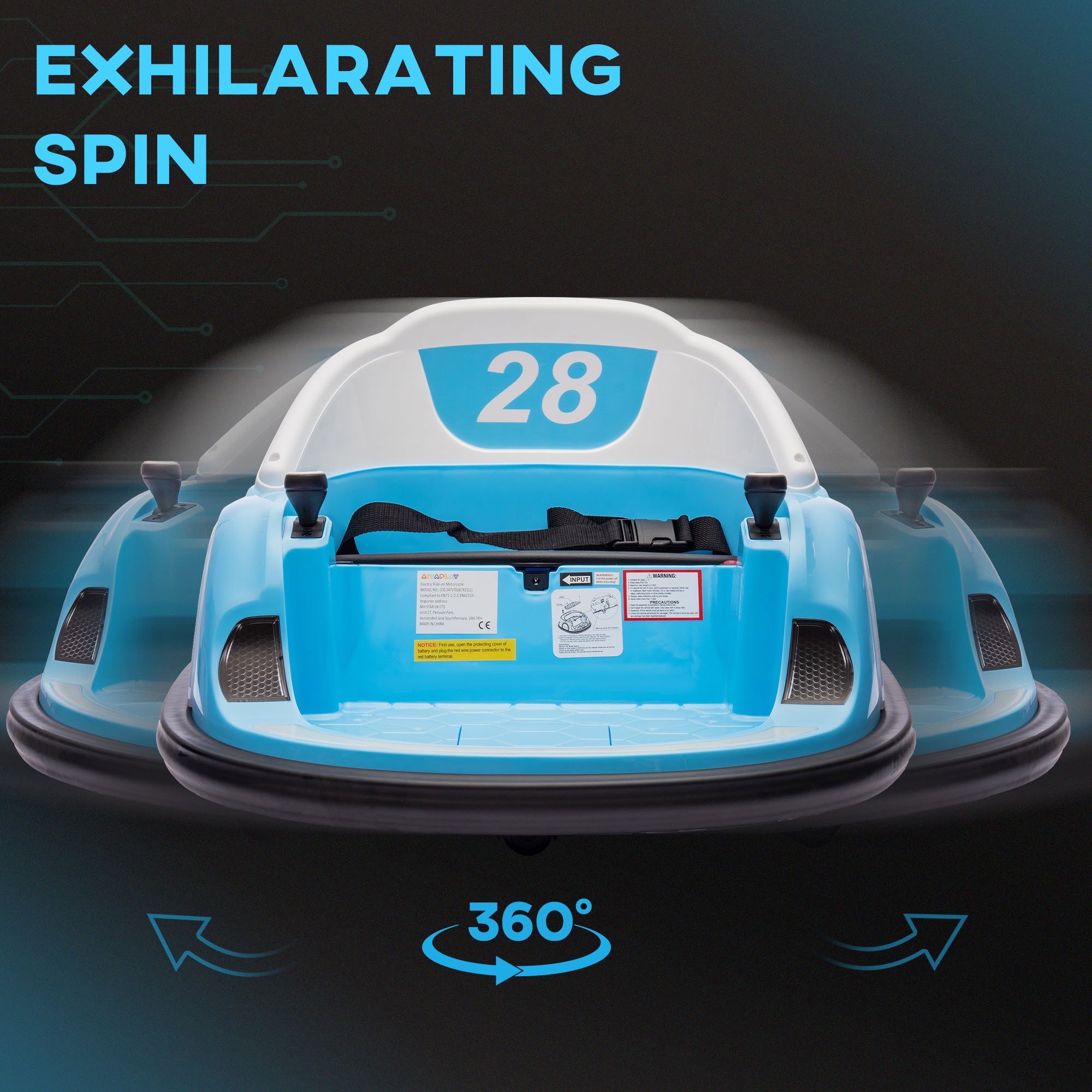 360° Rotation Kids Bumper Car, 12V Waltzer Car with Remote Control, Dual Joysticks, Music Lights - Light Blue