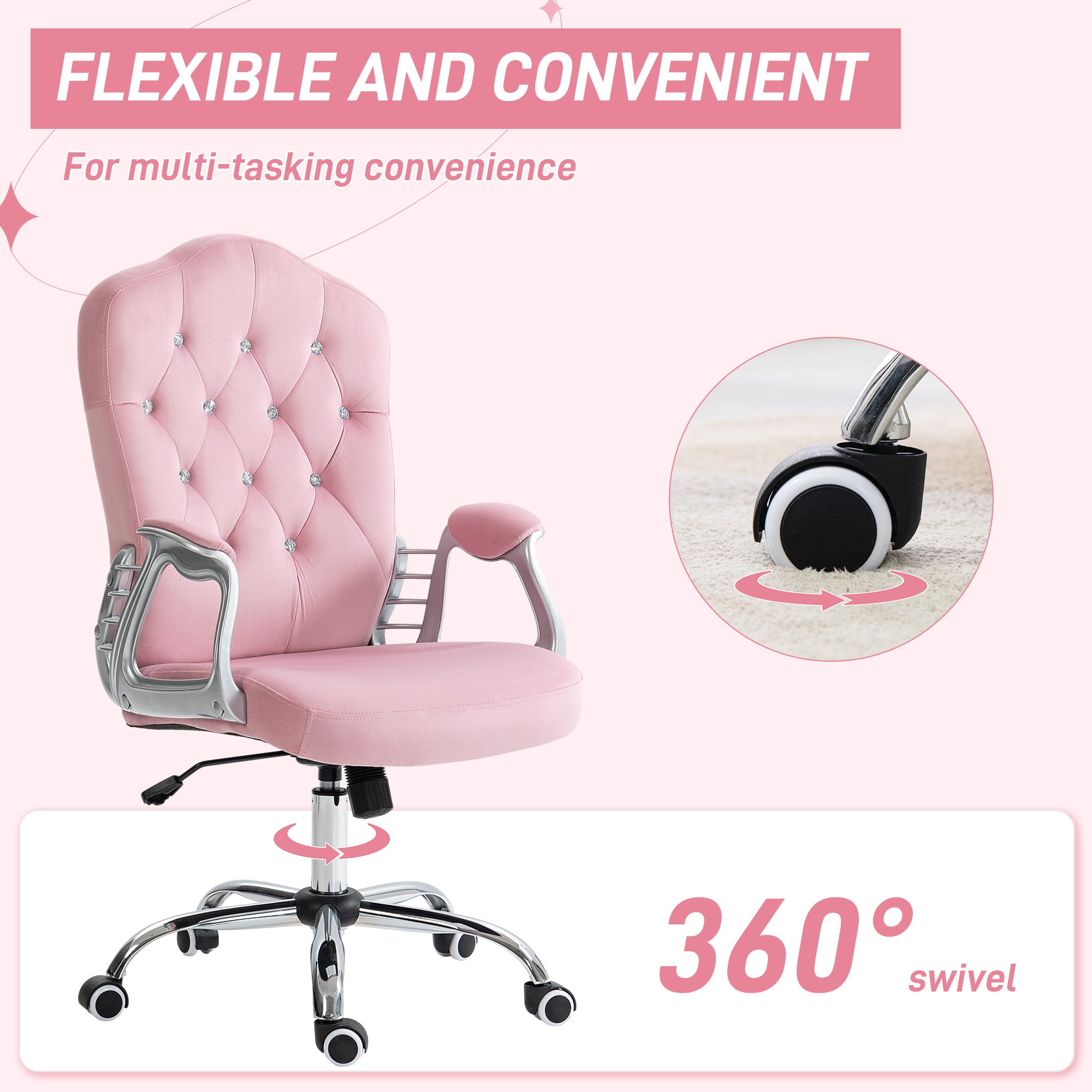 Velvet-Feel Work Chair, with Diamante Back - Pink