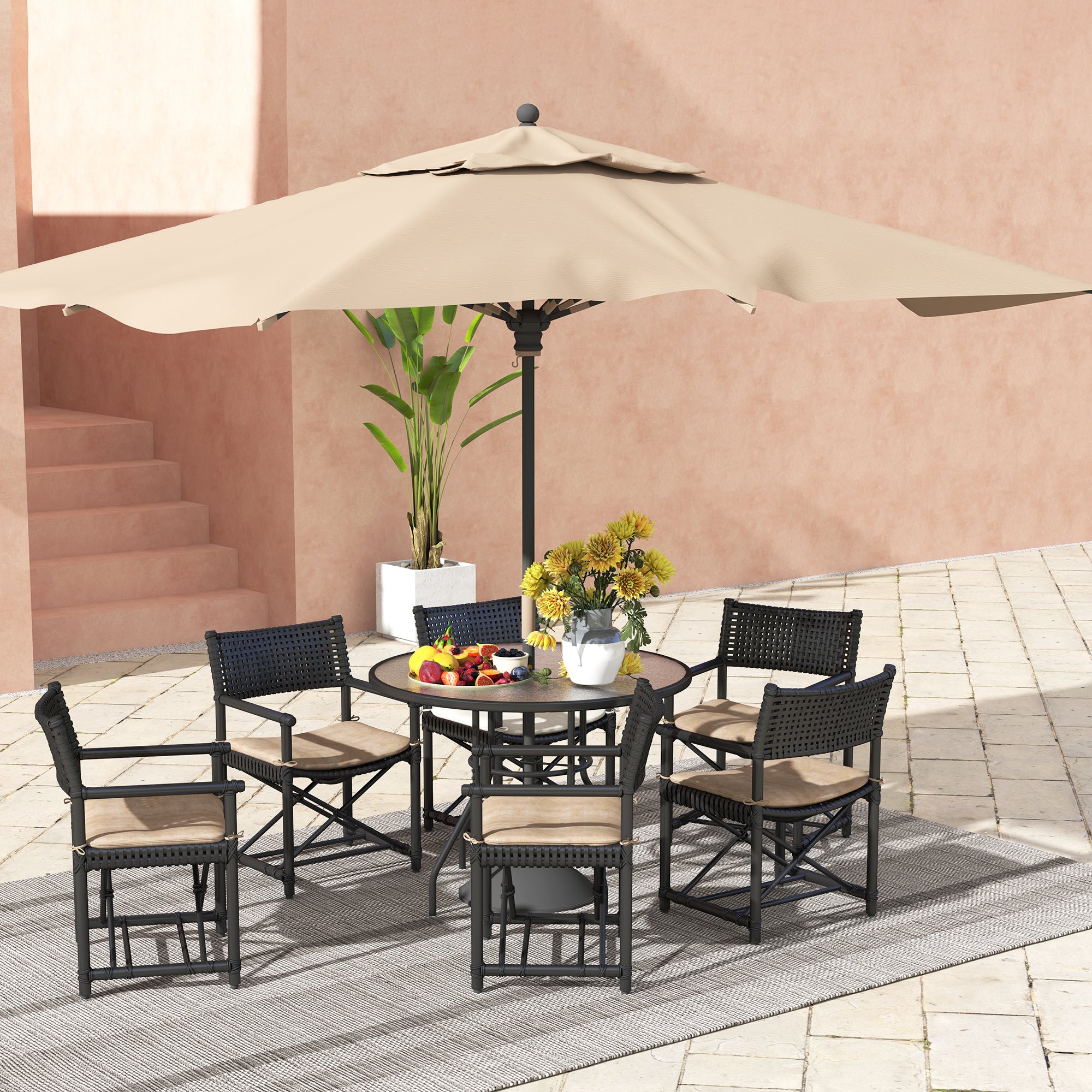 1 Piece Glass Top Garden Table with Parasol Hole - Black