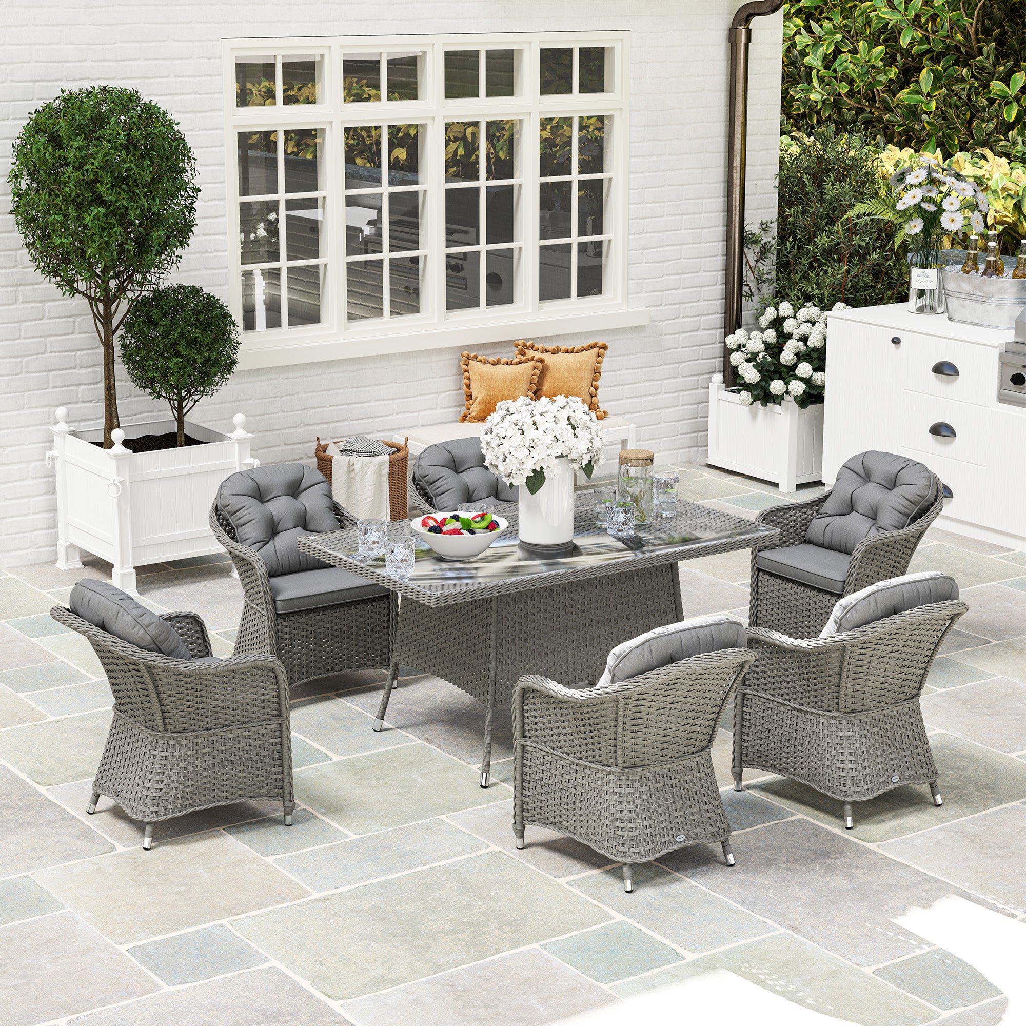 Seven-Piece Rattan Dining Set - Light Grey