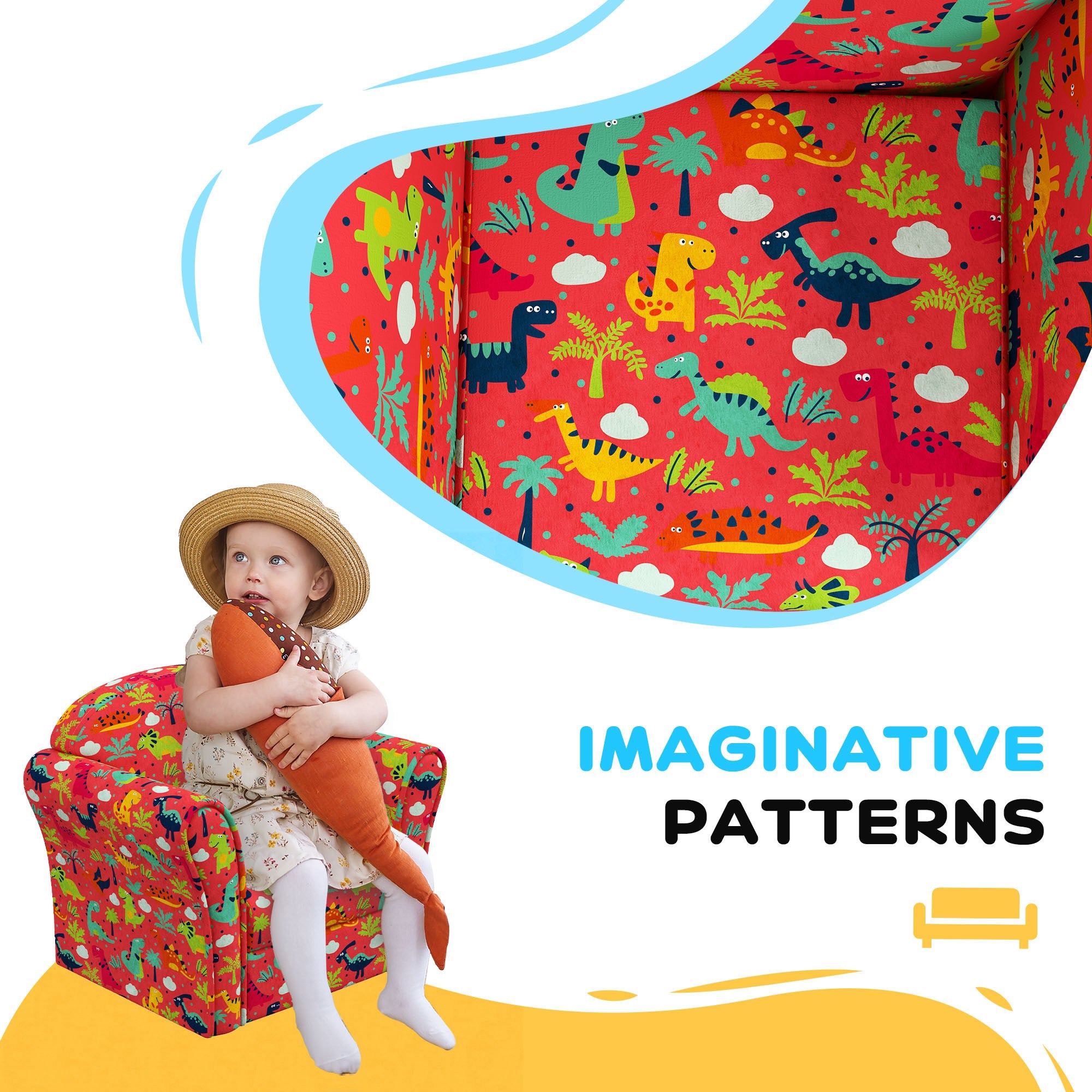 Kids Dinosaur Armchair with Wooden Frame for Toddlers 18-36 Months - Red