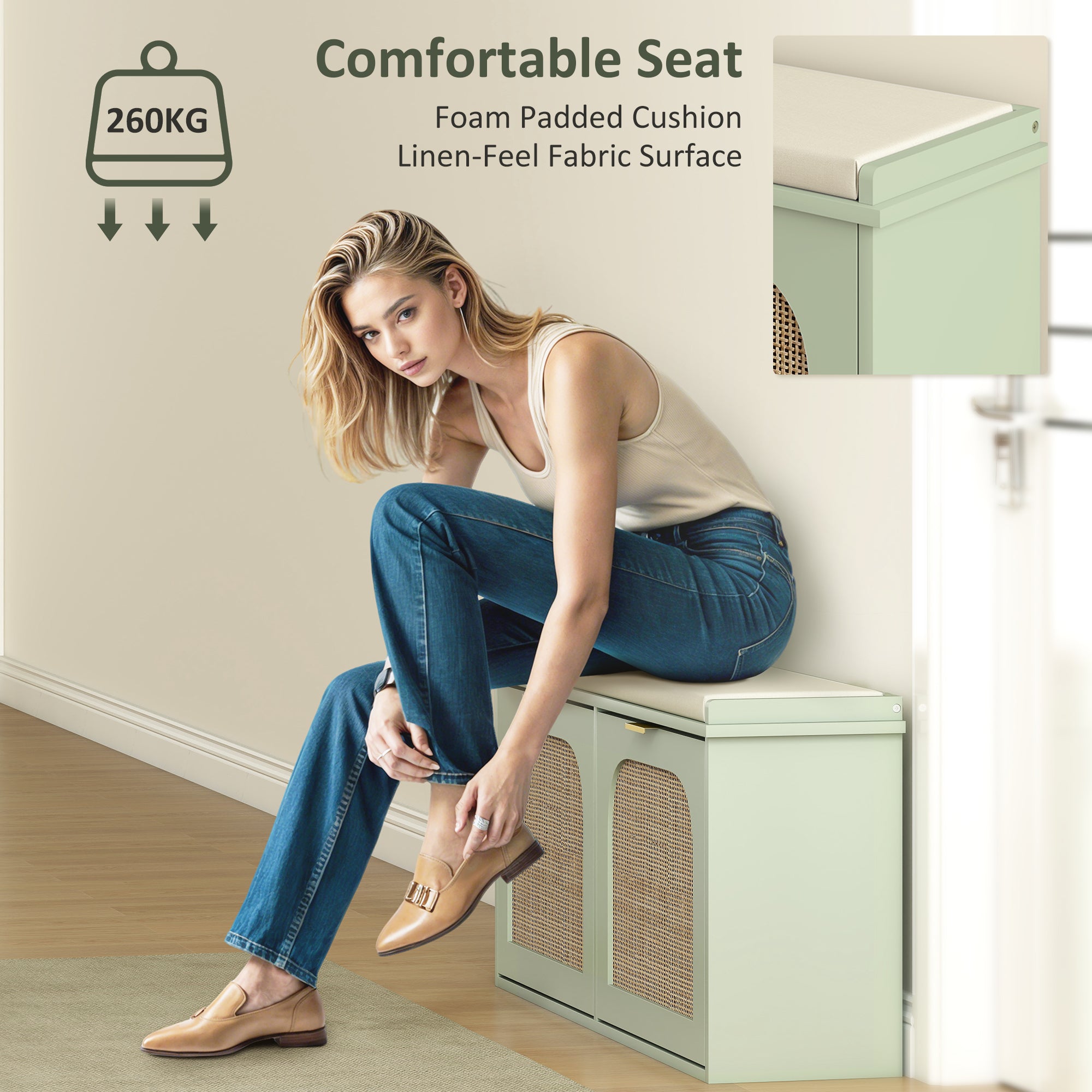 Boho Shoe Bench with Padded Seat and 2 Flip-Drawers - Light Green