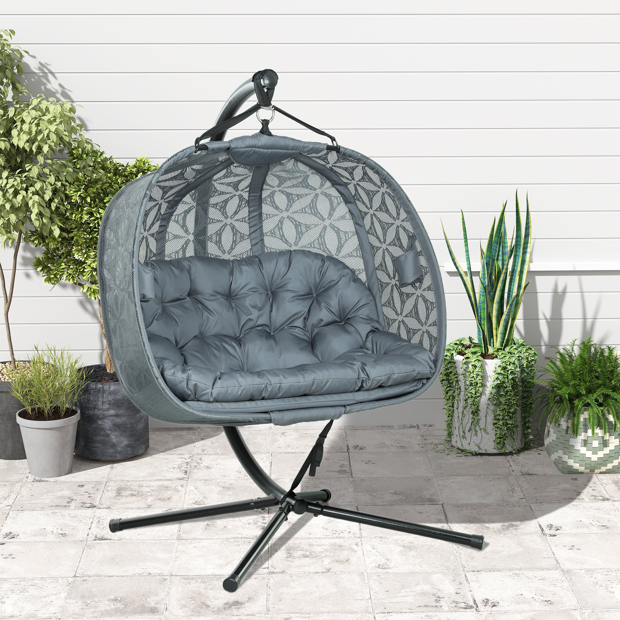 Outdoor Double Hanging Chair with Cushion and Cup Holders - Charcoal Grey