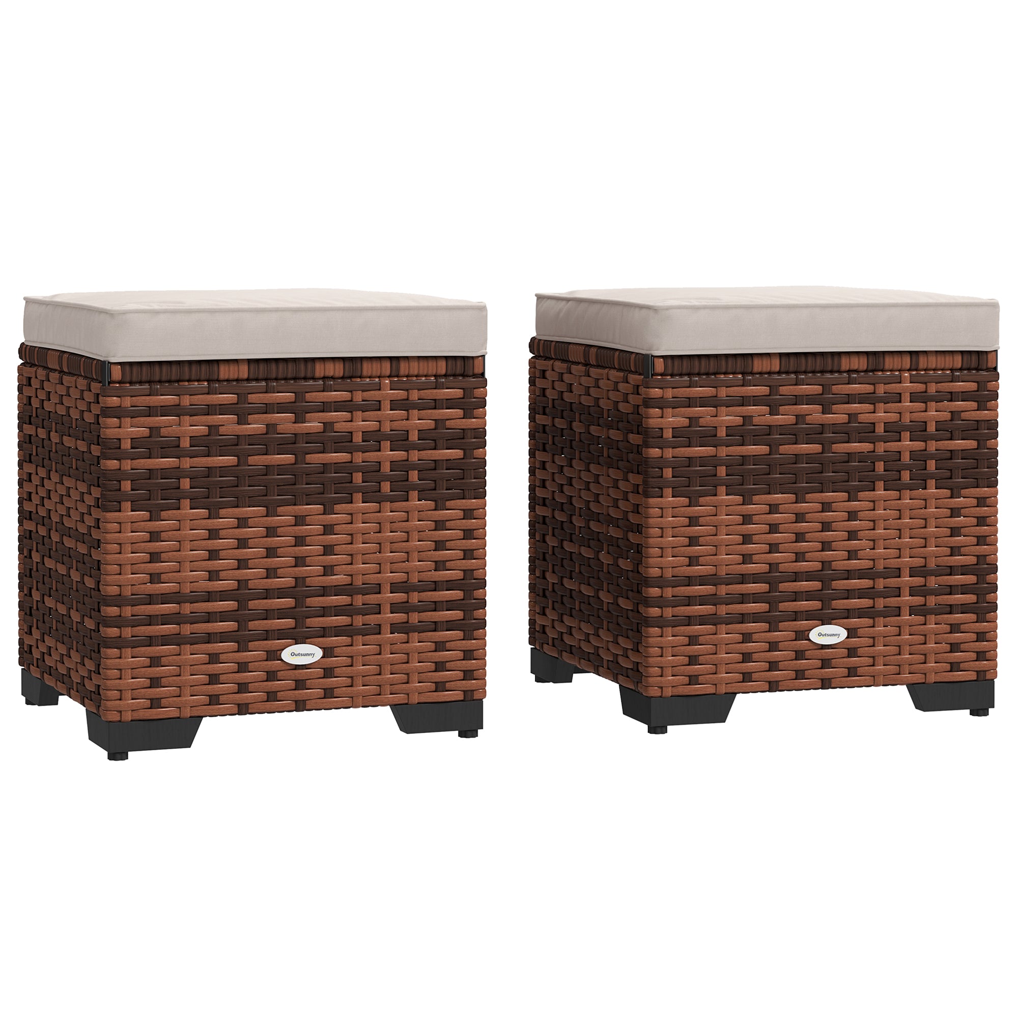 Set of 2 Rattan Storage Ottomans with Removable Cushions Beige