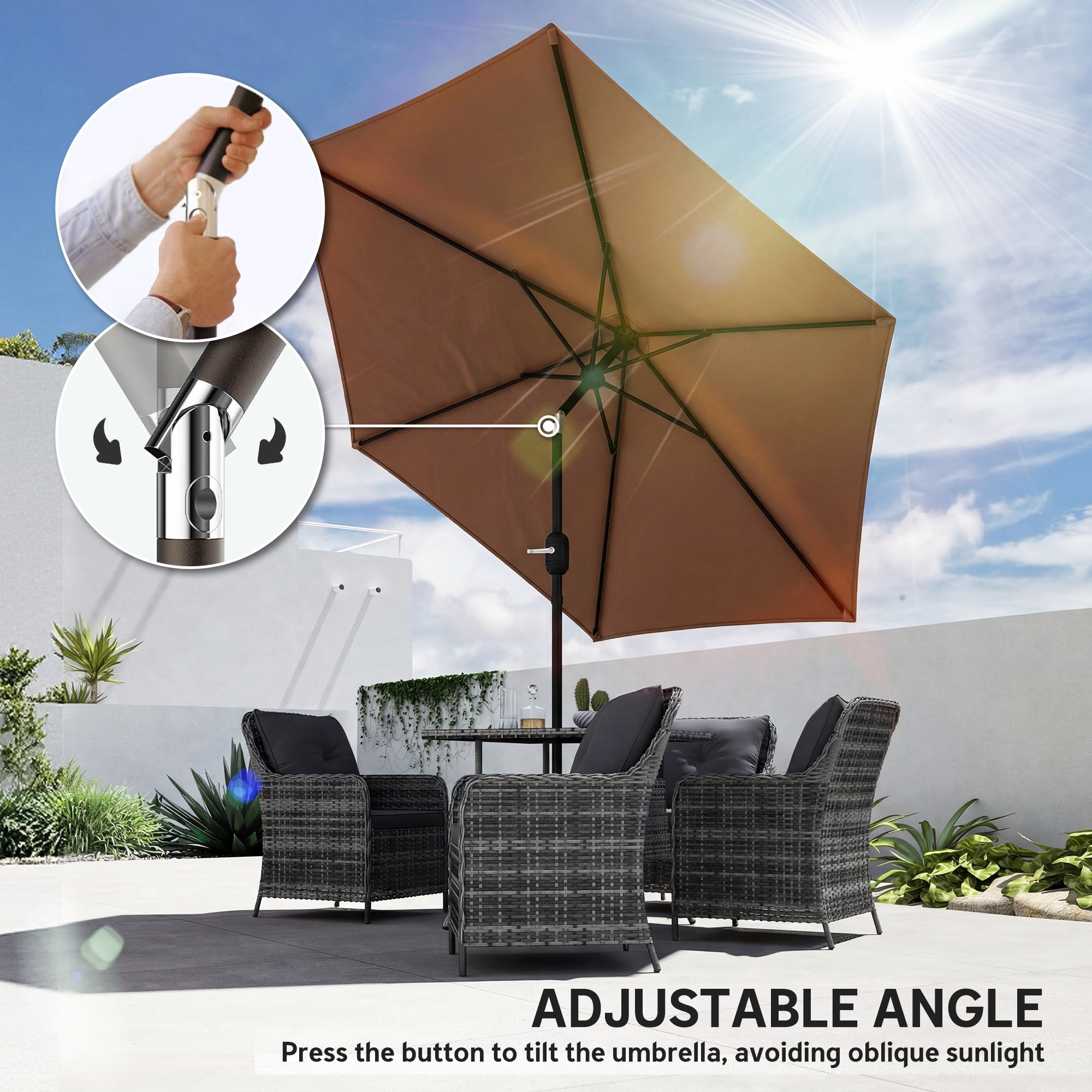 2.6 m Garden Parasol Umbrella with Aluminium Pole, Outdoor Patio Umbrella with Tilt and Crank, Vent, Coffee