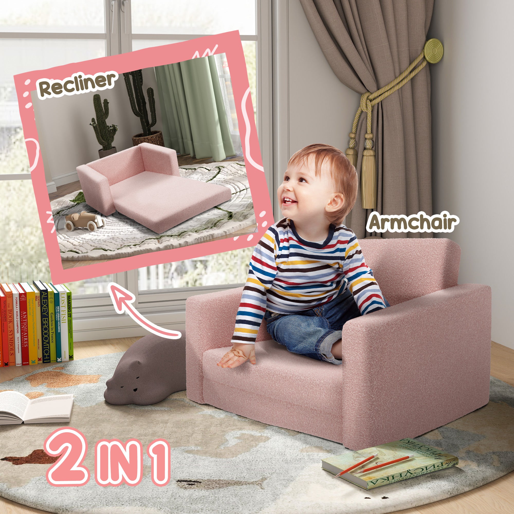 2 in 1 Kids Armchair, Foldable Recliner for 1.5-3 Years Old, Pink