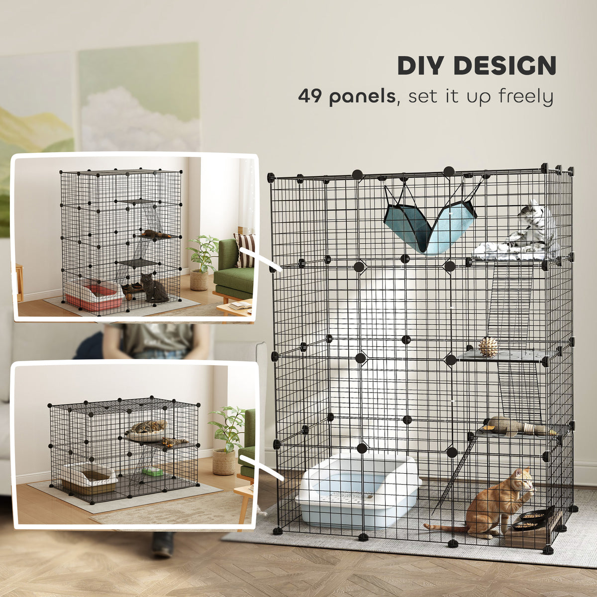 4-Tier Large DIY Indoor Cat Cage with Hammock, Ramps & 5 Doors for 1-3 Cats - Black