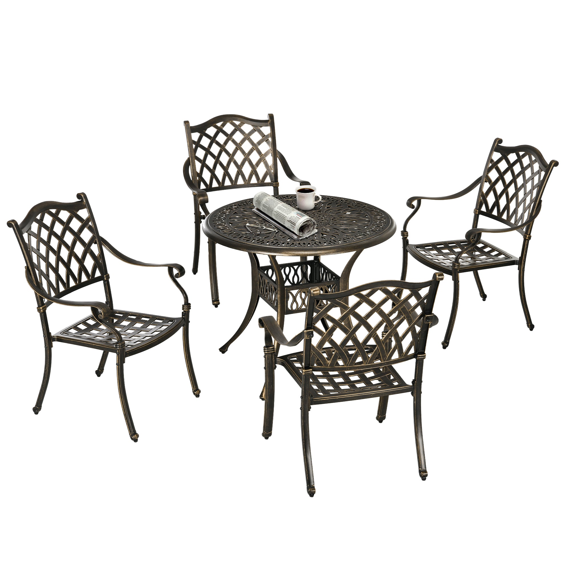 5-Piece Outdoor Furniture Dining Set, Cast Aluminum Conversation Set Includes 4 Chairs and 90cm Round Table with 50mm Umbrella Hole for Patio Garden Deck, Flower Design