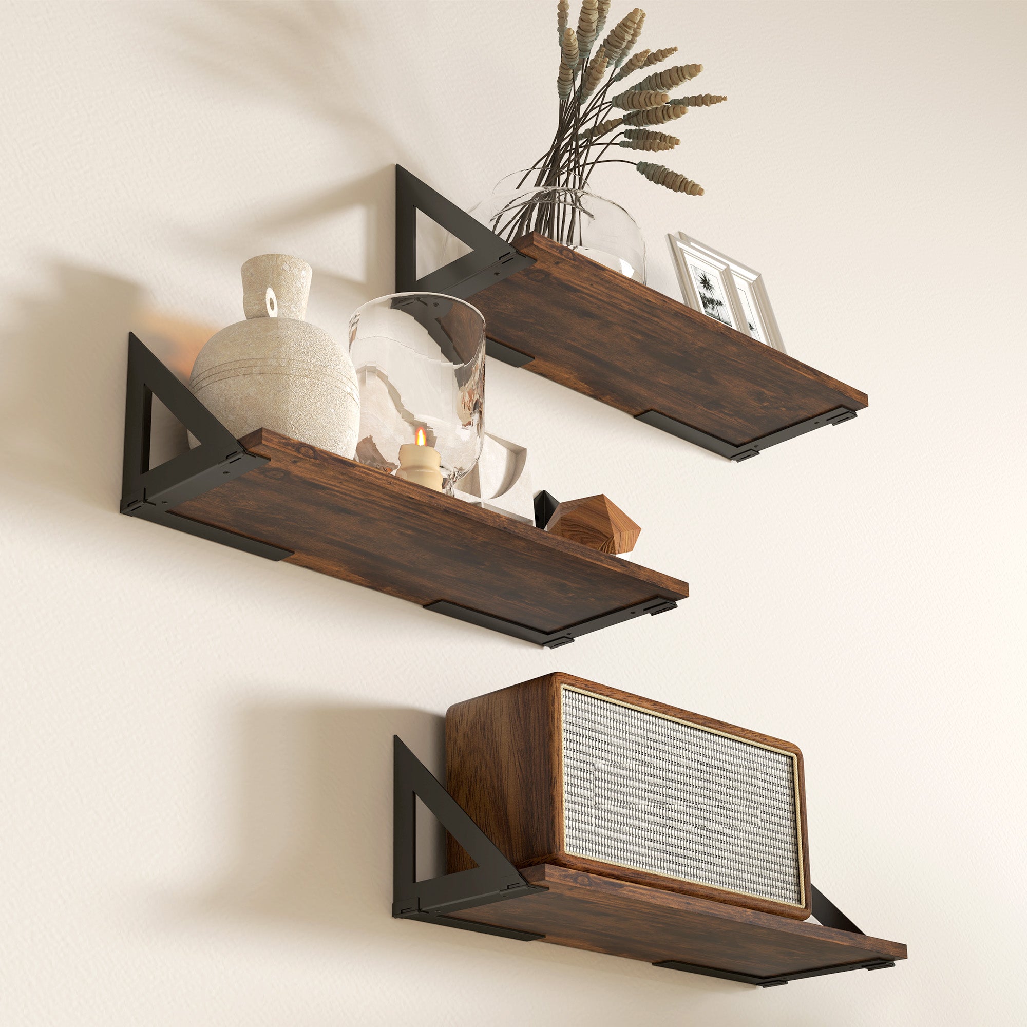 Set of 3 Vintage Wall Mounted Floating Shelves for Living Room, Entryway, Bedroom - Rustic Brown