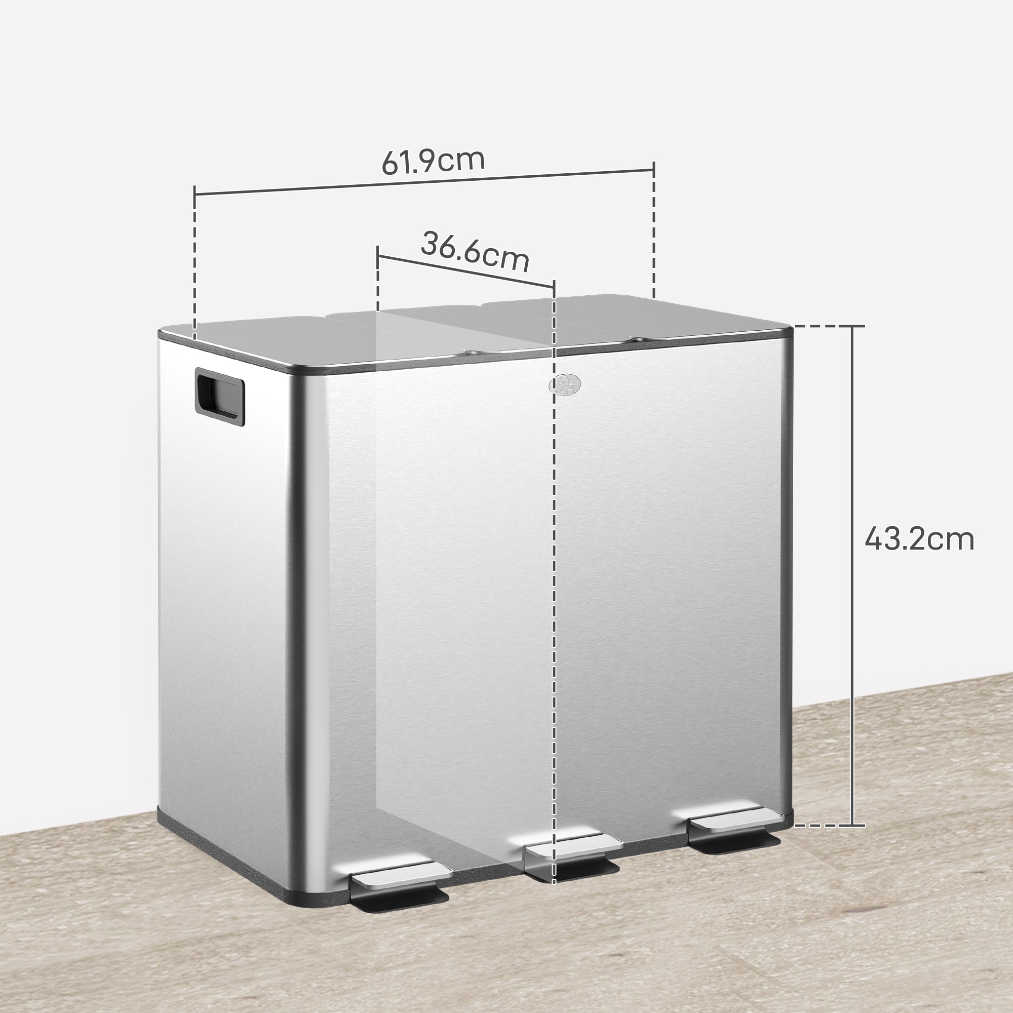 3 x 15L Steel Triple Pedal Kitchen Bin with Soft Close Lid and Removable Buckets - Silver Tone