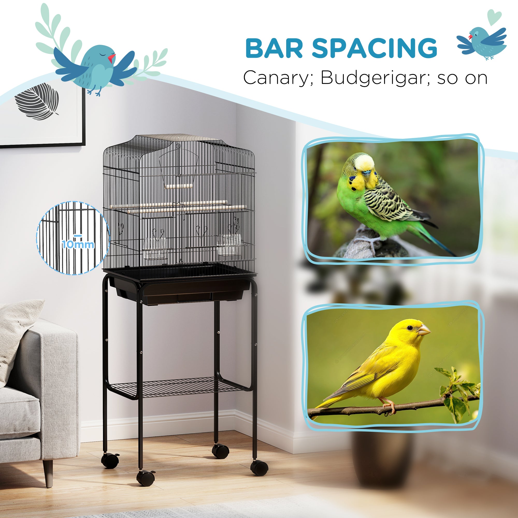 Budgie Finch Canary Parakeet Bird Cage with Stand, Wheels, Slide-Out Tray & Storage Shelf - Black